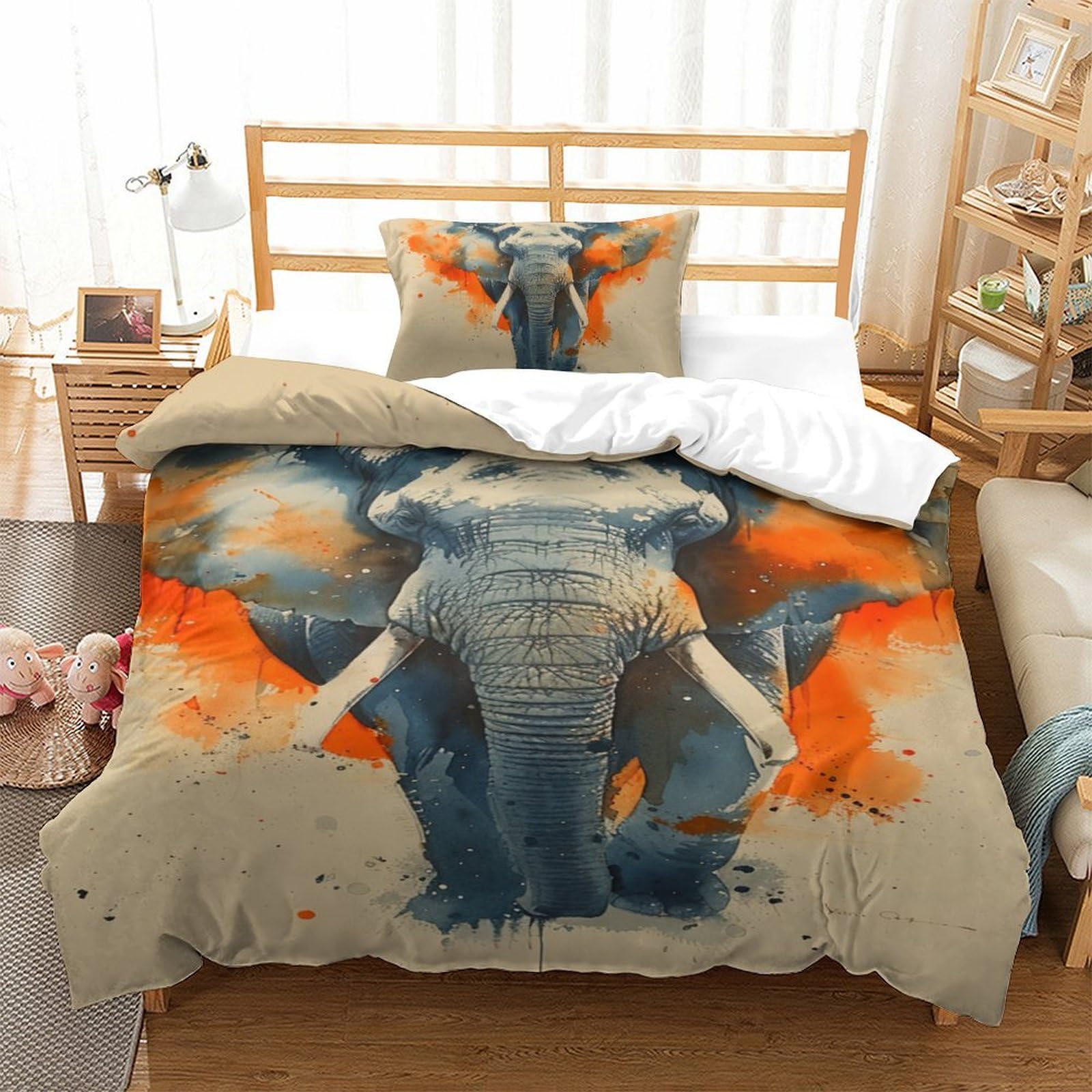 Housse de couette avec taie d'oreiller éléphants en microfibre 135x200cm enfants et adolescents