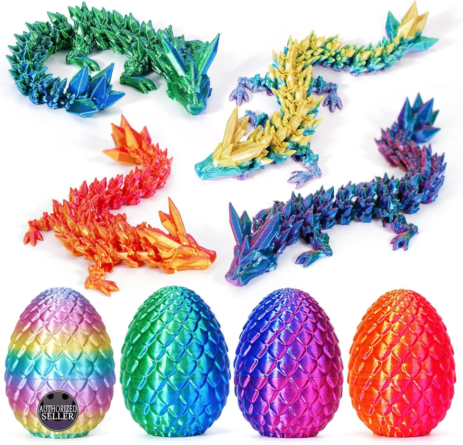 TBOLINE 4PCS 3D Printed Dragon Egg, Articulated Crystal Animals Fidget Toys, Small 3D Printer Dinosaur Eggs Birthday Party Favors Toy for Kids, Kids Valentines Day Gifts for Boys Girls 5-7 8-12