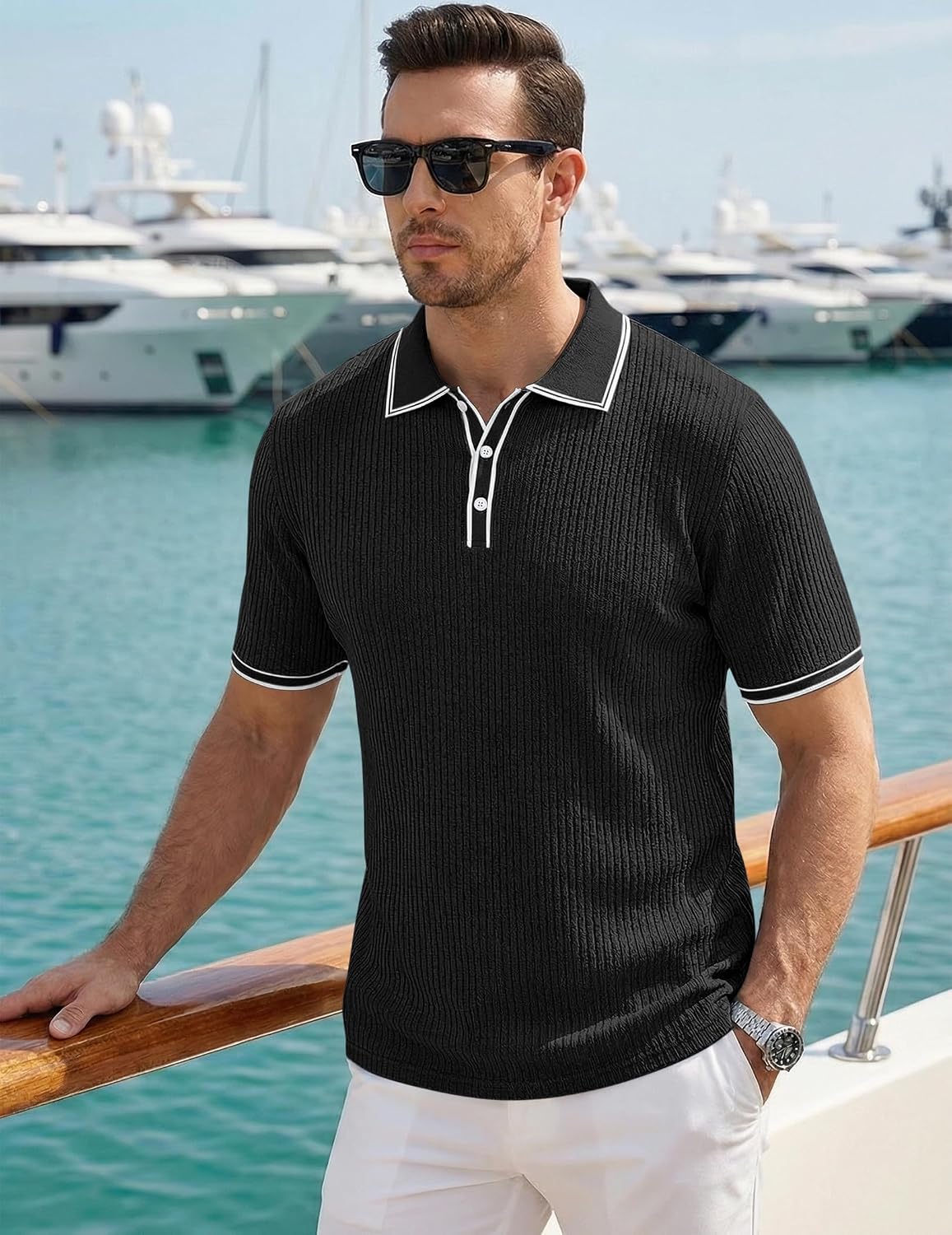 JMIERR Mens Short Sleeve Knit Polo Shirt Summer Casual Ribbed Texture Golf Polos T Shirts