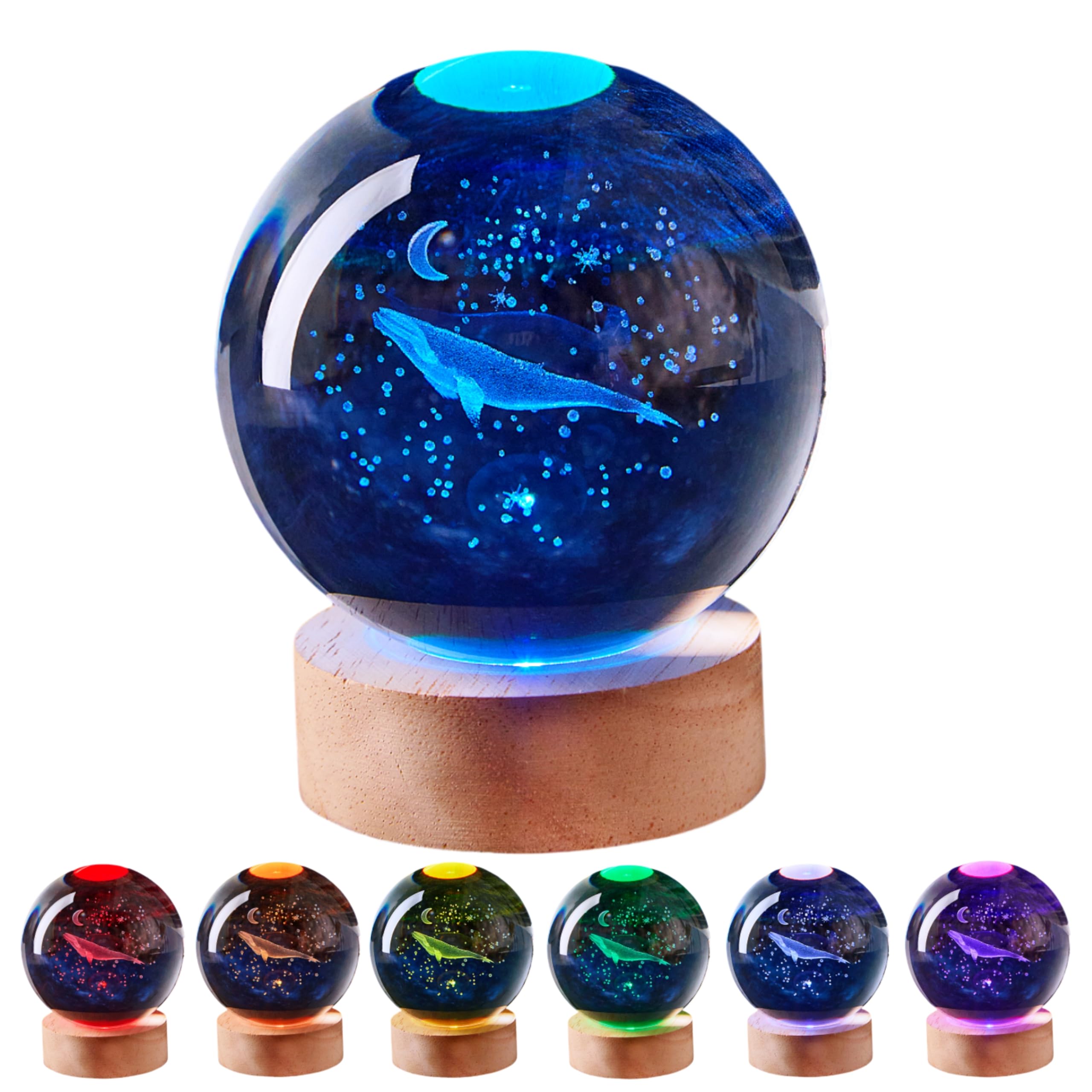 3D Large Whale Crystal Ball Night Light with Wooden Base, Underwater World Crystal Lamp Gift for Kids Wife Friends, 16 Color Changing with Remote Control, 3.15 inch Glass Ball Lamp (Whale)