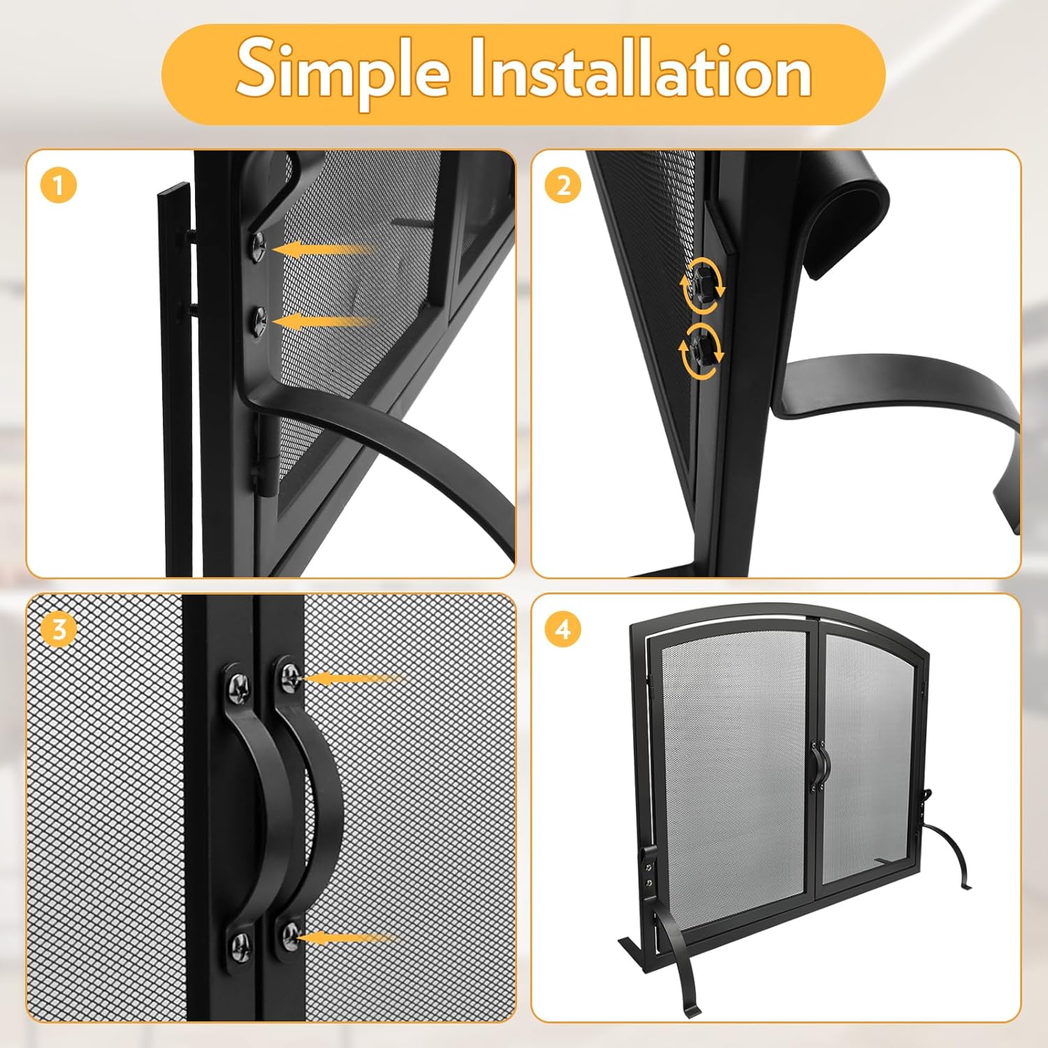 35" x 27" Single Panel Fireplace Screen with Magnetic Doors - Flat Fireplace Screens Stand Alone, Black Wrought Iron Spark Guard Mesh Cover, Arched Freestanding Gate for Indoor Living Room