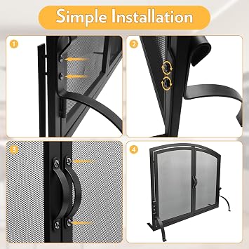 35x27 Arched Fireplace Screen with Magnetic Double Doors, Black | Freestanding flat iron spark guard. Child & pet safe mesh cover for indoor hearth or wood stove. Durable and easy to assemble
