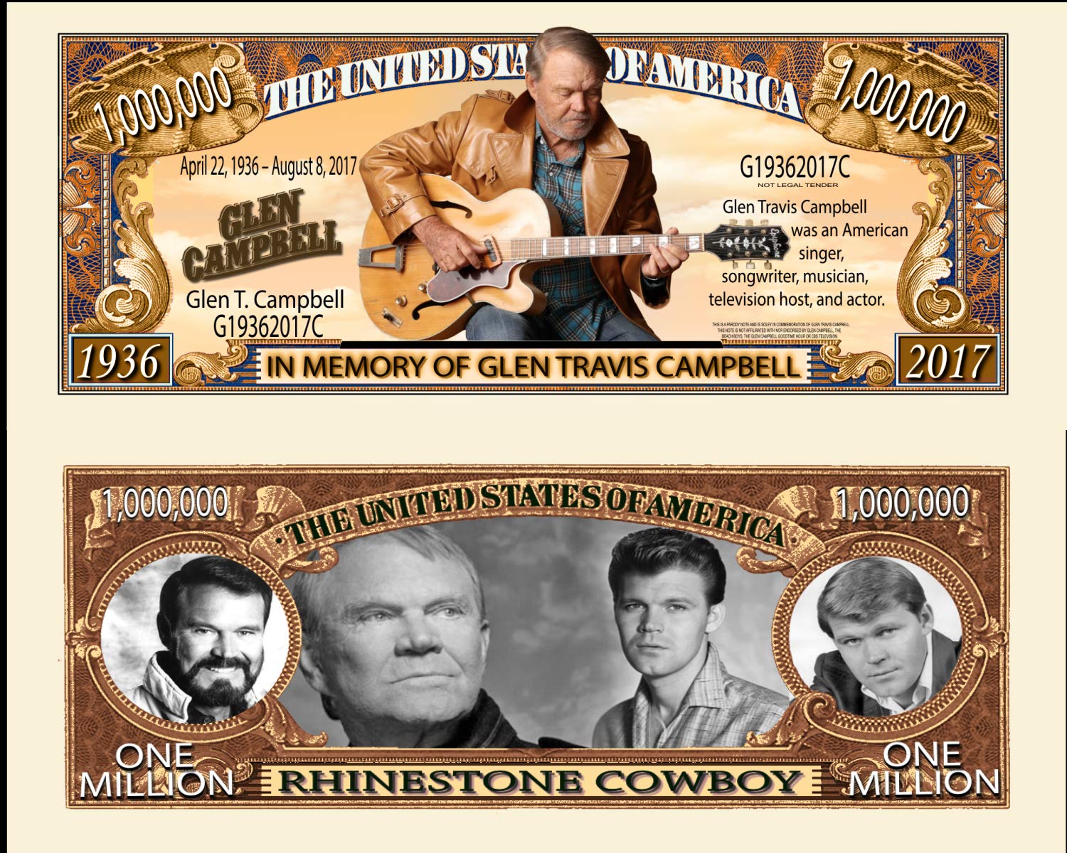 Anime Source Glen Travis Campbell Music Artist Actor Songwriter Commemorative Novelty Million Bill with Semi Rigid Protector