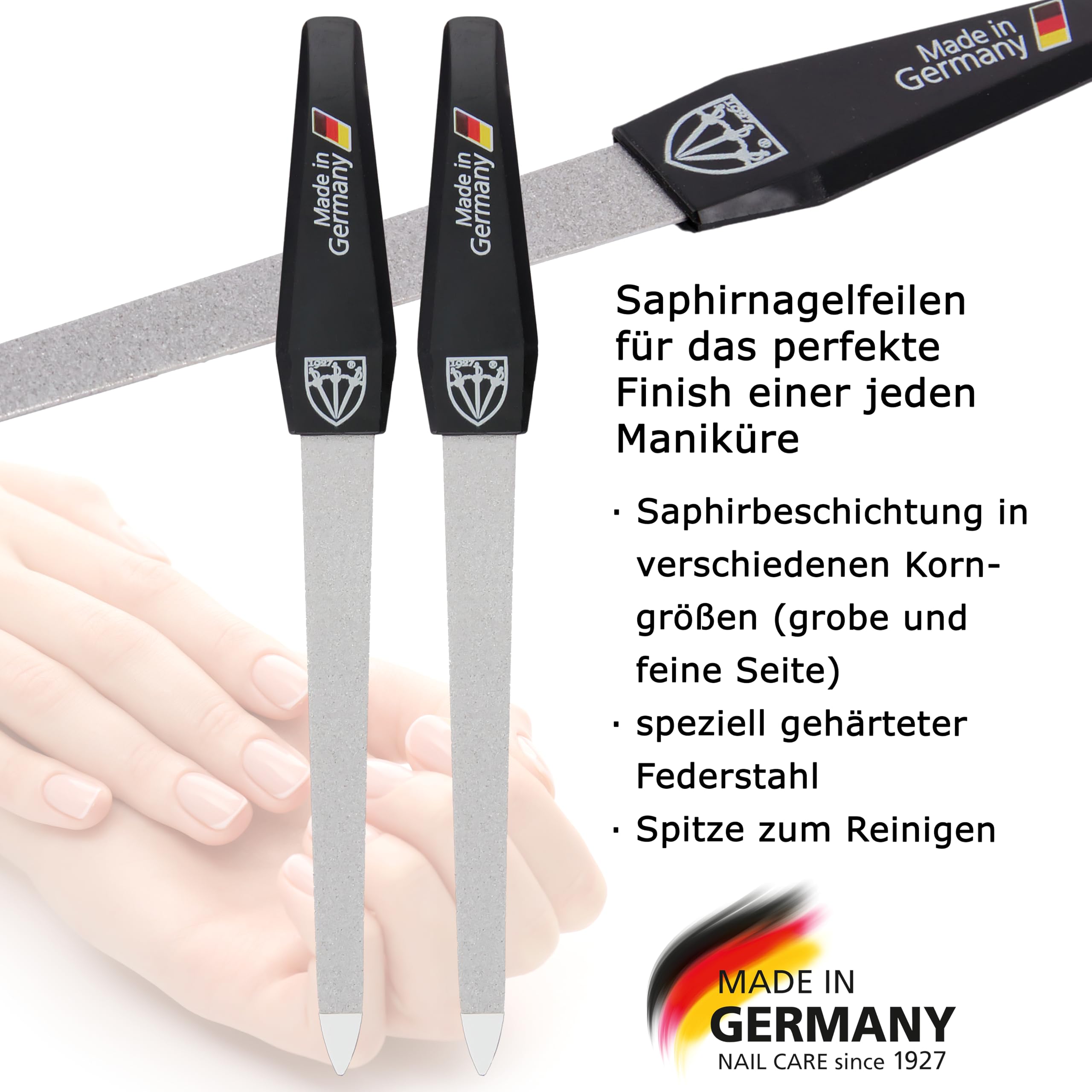 DREI SCHWERTER - Szafirowe pilniki do paznokci zestaw 2 + 1 | wysokiej jakości zestaw do manicure i pedicure, Made in Germany | Zawartość: 2 x szafirowy pilnik do paznokci i 1 x trójdrożna polerka do