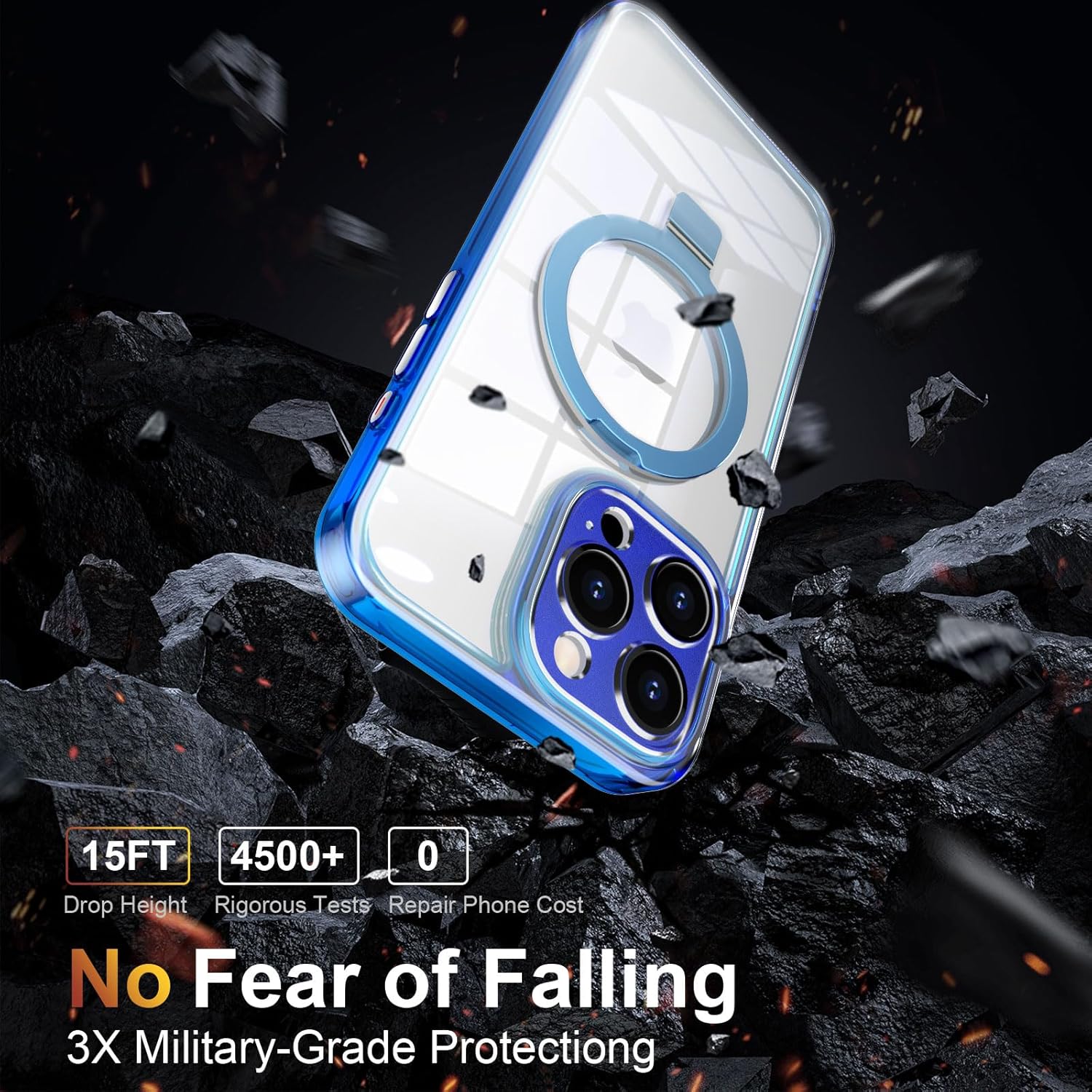 Magnetic Phone Case for iPhone 15 Pro 6.1 inches with Strong-Magnetic Ring Stand Compatible with Magsafe Military-Grade Shockproof, Camera All-Cover Protective Hard TPU+PC (Clear Blue)