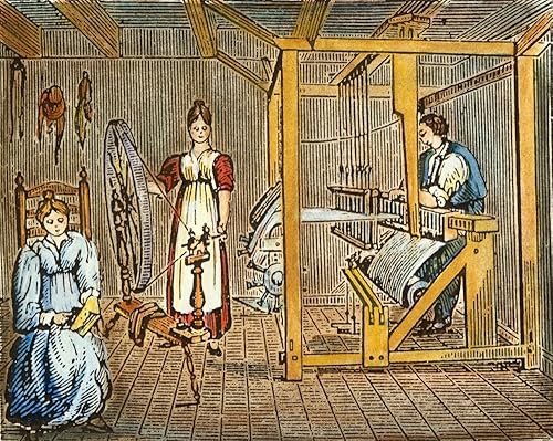 Textile Cottage Industry Nthe Cottage Industry Of Carding Spinning And Weaving Of Wool or Linen Into Cloth In Colonial America Grabado en madera de