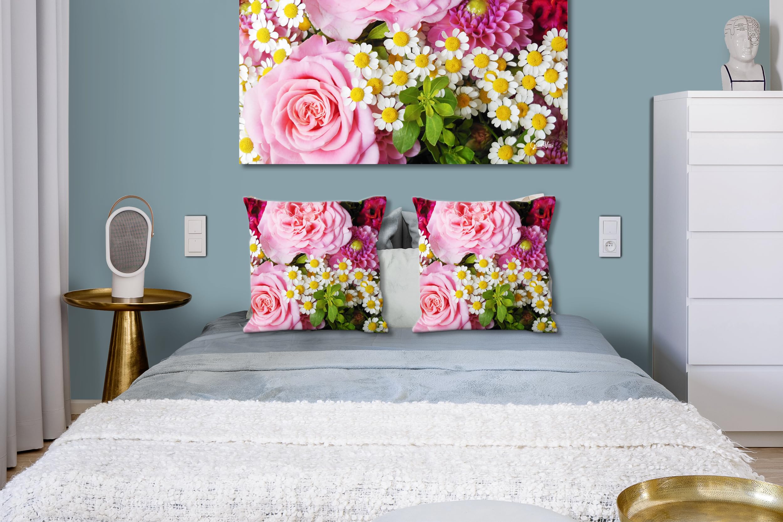 Rosen - Foto-Kissen-Hülle Set (2 STK.) 40 x 40 cm | Kissen-Bezüge - passend zu Wandbild - Deko-Kissen - Blüte Blume Natur Garten rot rosa