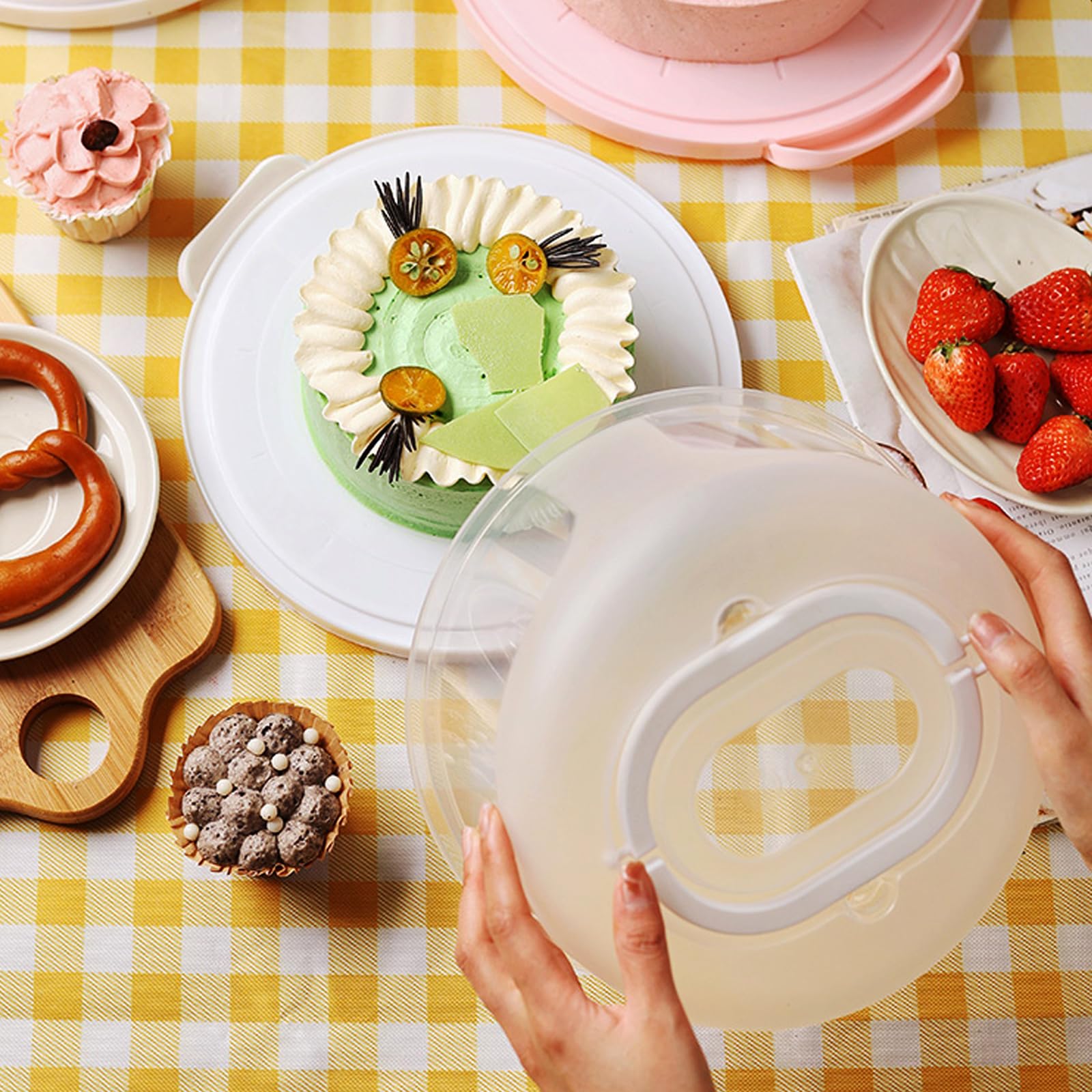 SENENQU Caja de plástico para tartas de 10 pulgadas de alto, soporte grande para tartas con asa y soporte para cupcakes, contenedor portátil para tartas con base de plástico de dos caras para fiesta