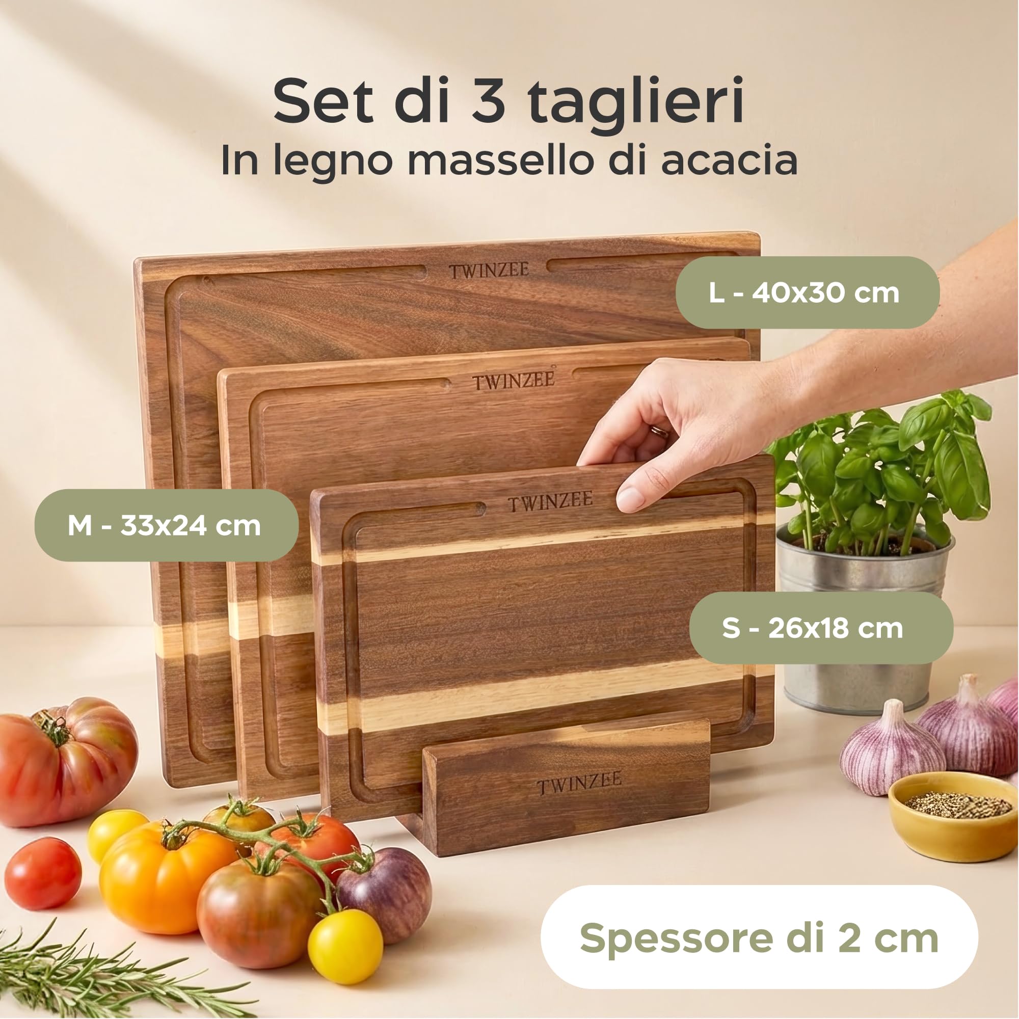 Twinzee Set di 3 Tagliere Legno (40 x 30/33 x 24/26 x 18 cm) in Massiccio di Acacia - Tagliere da Cucina con Supporto, Spessi 2 cm, con Canalina per Succo