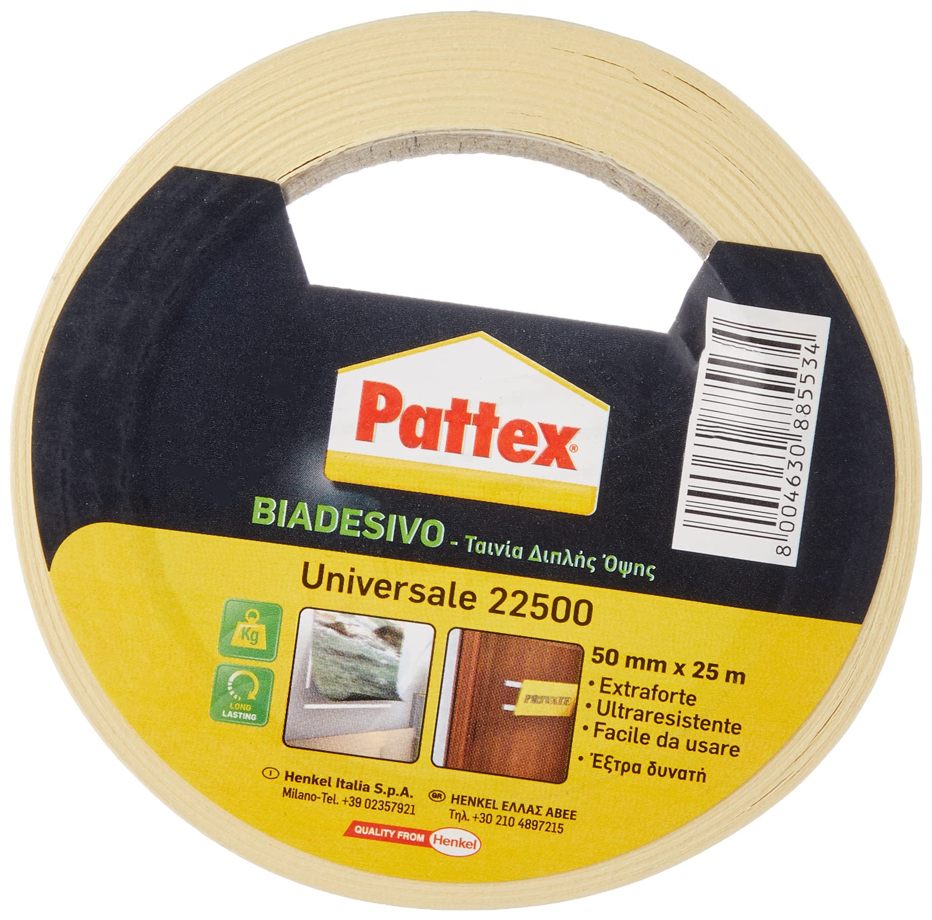 Pattex 22500 Nastro Biadesivo Universale, per Applicazioni Industriali e Assemblaggi Domestici e Fai da Te, 50mmx25m