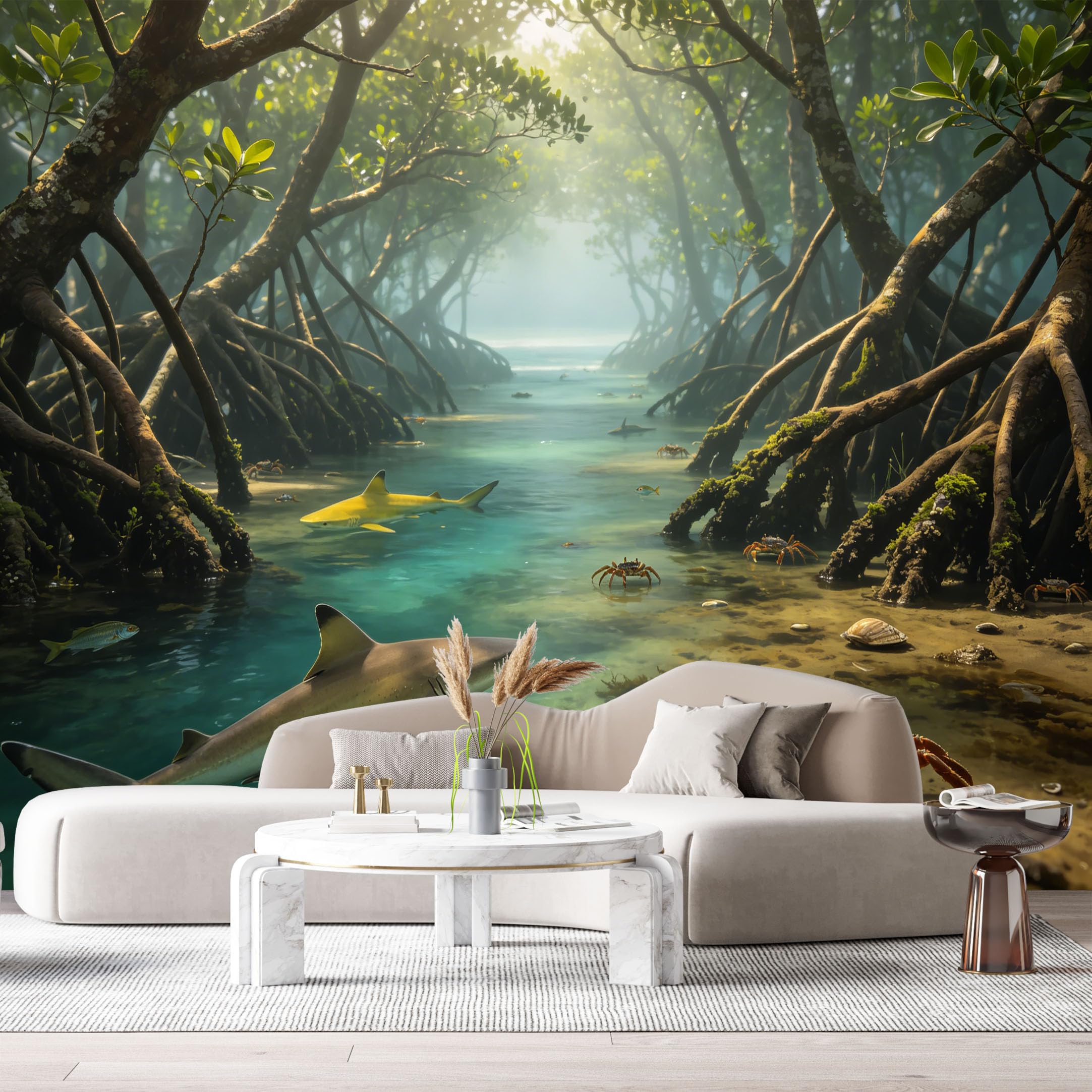 Custom Size Wall Murals Tropical Mangrove Forest Ocean Marine 3D Trompe L'Oeil Sharks Crabs SelfAdhesiveWall Fabric Removable Wallpaper Wall Decor for Living Room Bedroom Bathroom