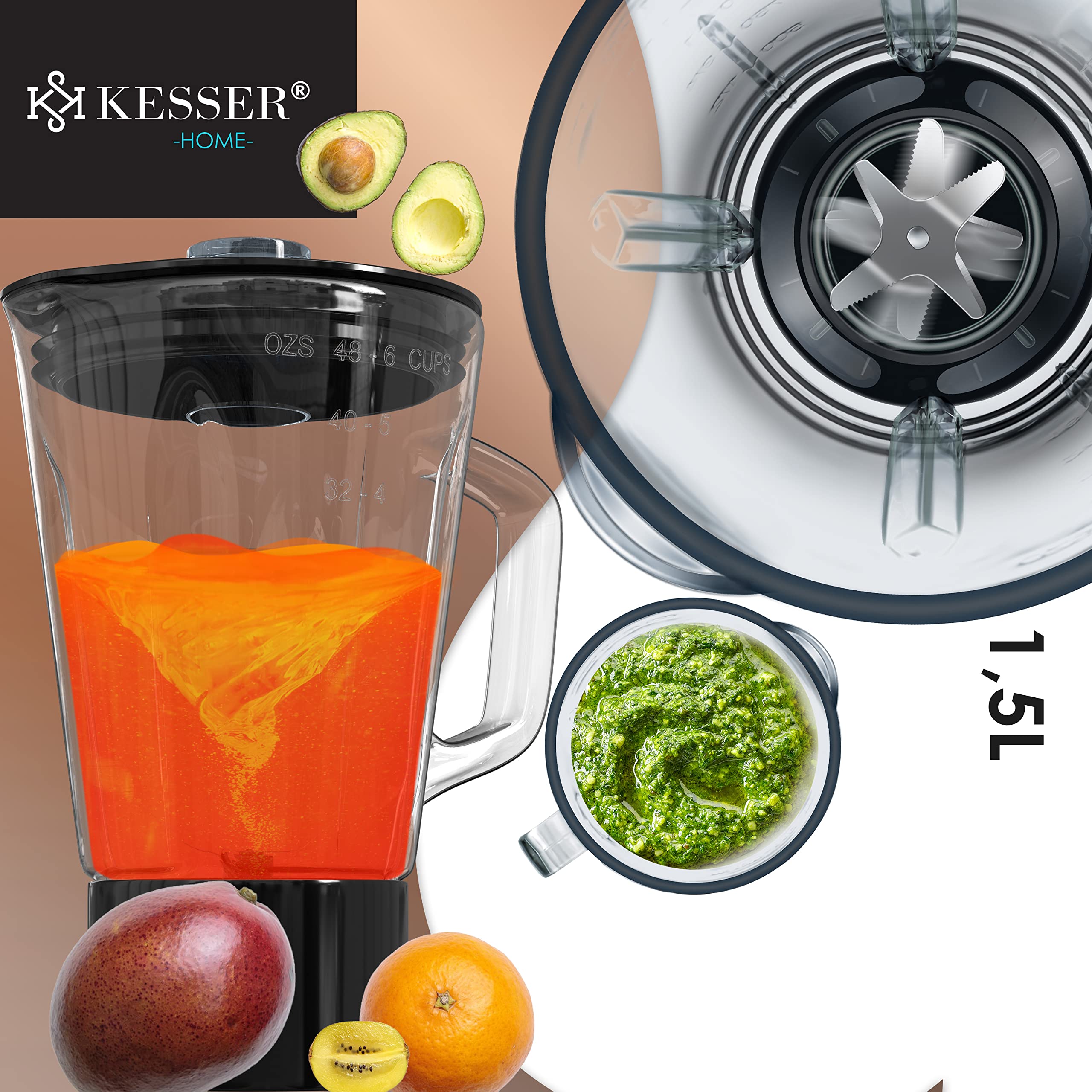 KESSER® Robot ménager universel 3 en 1 K-KM 3 000 avec hachoir à viande, pétrin | Mélangeur multifonction | Extracteur de jus de 1,5 L, Kit pour saucisses, moules pour pâtes et biscuits, le cuivre