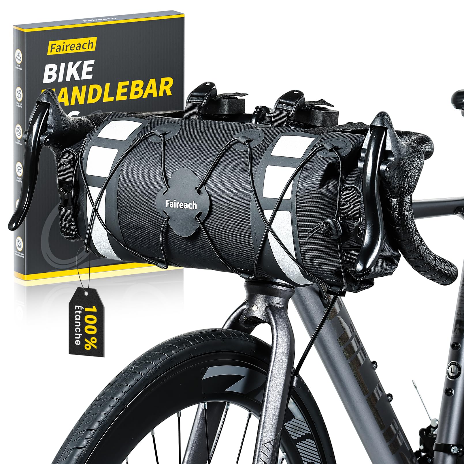 9.5L Sacoche de Guidon Vélo, Sacoche Vélo Étanche Grande Capacité avec Bande Réfléchissante, Sac Avant pour Vélo Route VTT Électrique, Noir, et Filet Externe en Corde Élastique