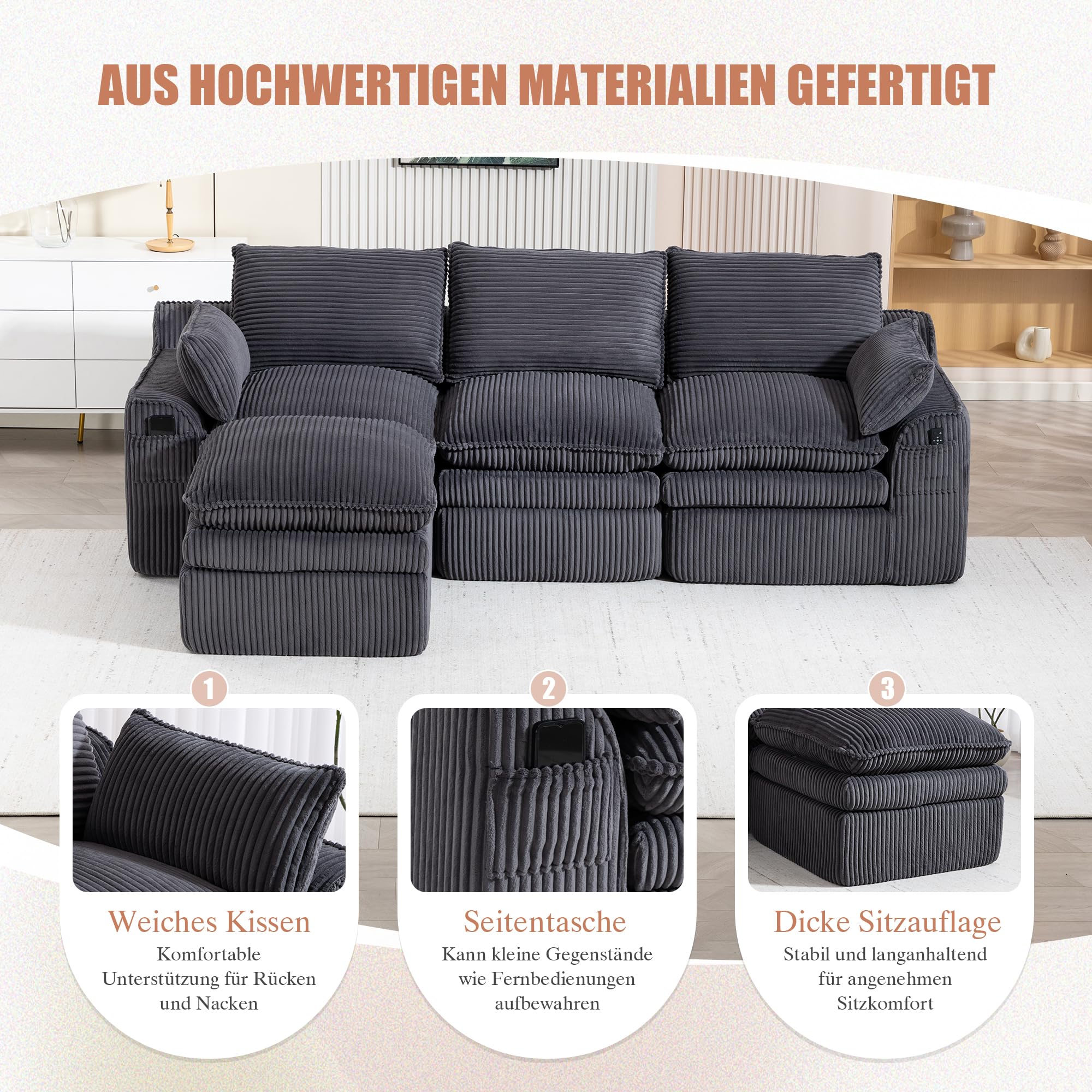 Divano modulare a 3 posti con sgabello, grigio scuro, cuscino incluso, 2 tasche laterali, schiuma a 3 strati, anima a molle, rimbalzo rapido, combinabile liberamente, ideale per soggiorno
