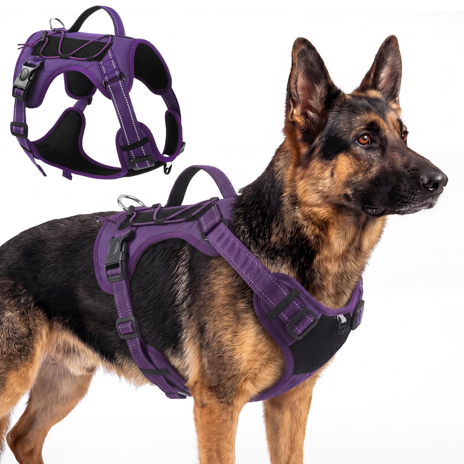 Olcyren Dog Harness for Small Medium Large Dogs, Adjustable Reflective Soft Padded Dog Harness with Easy Control Handle, No-Choke Tactical Breathable Mesh Pet Vest Harness for Walking (Purple, XL)