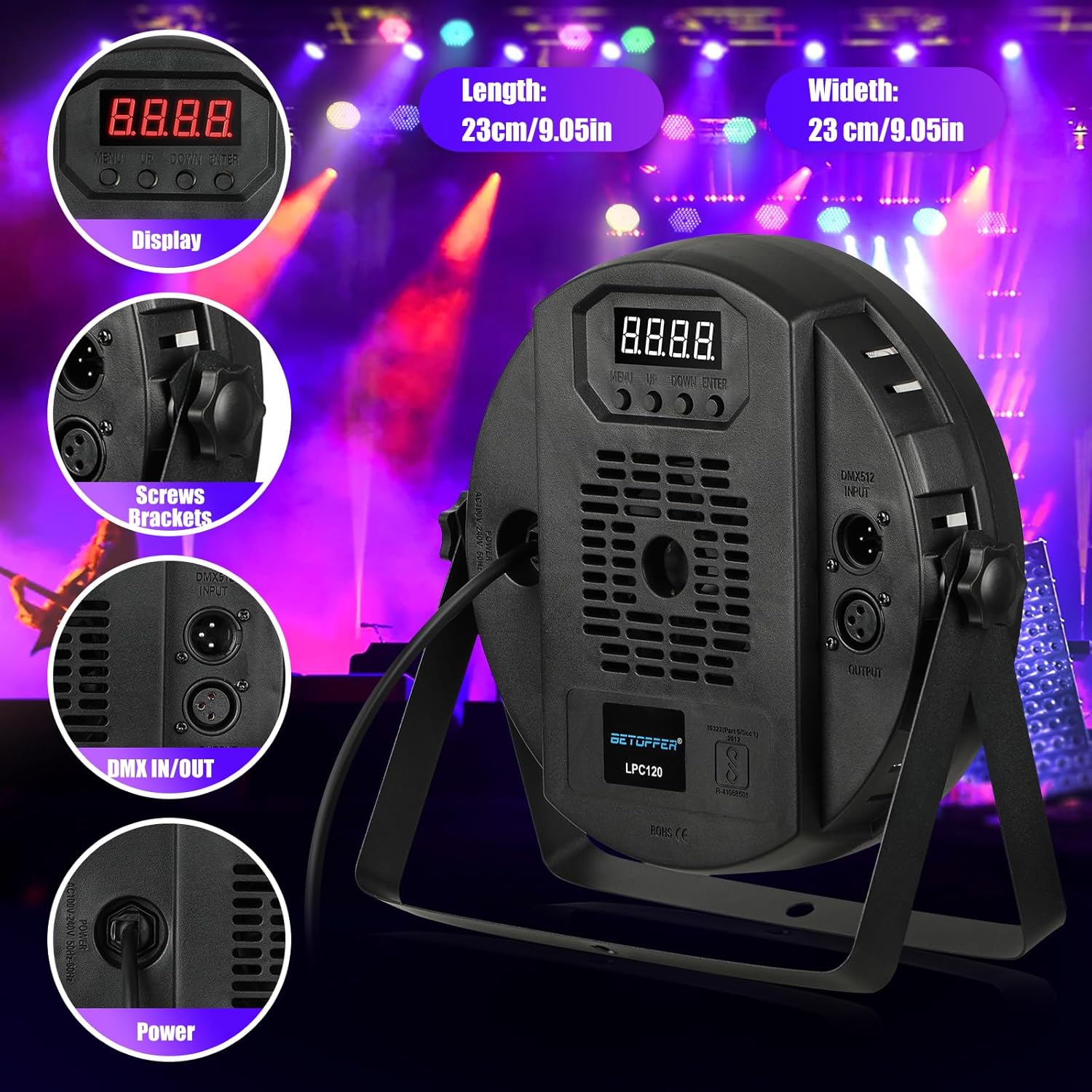 상세한 view of BETOPPER LED Par Light components including display, DMX IN/OUT, power input, and mounting screws