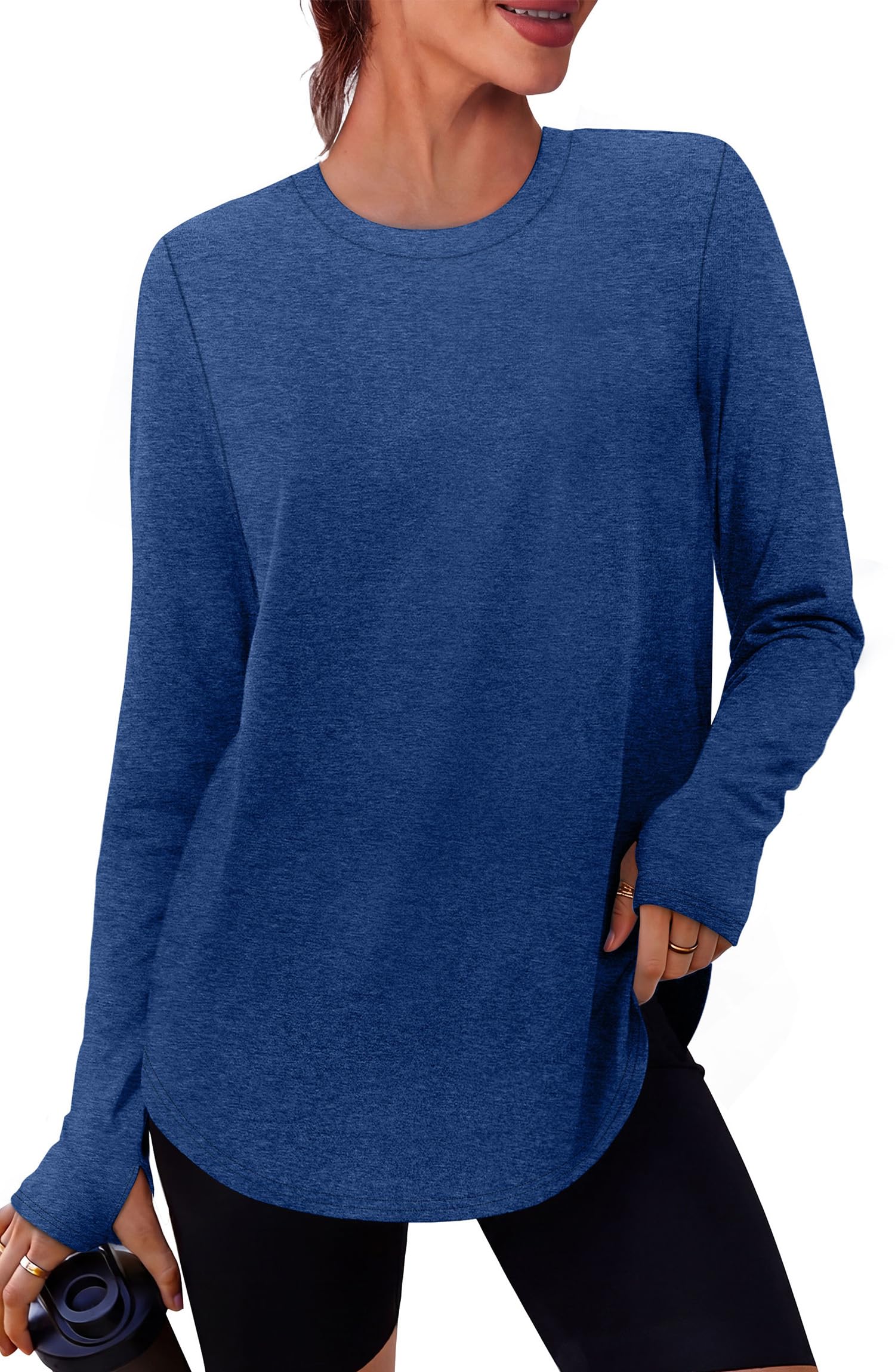 NIASHOT Workout Tops for Women Crewneck Long Sleeve Shirts with Thumb Holes UPF 50+ Sun Shirts for Hiking Running Gym Clothes — view 8