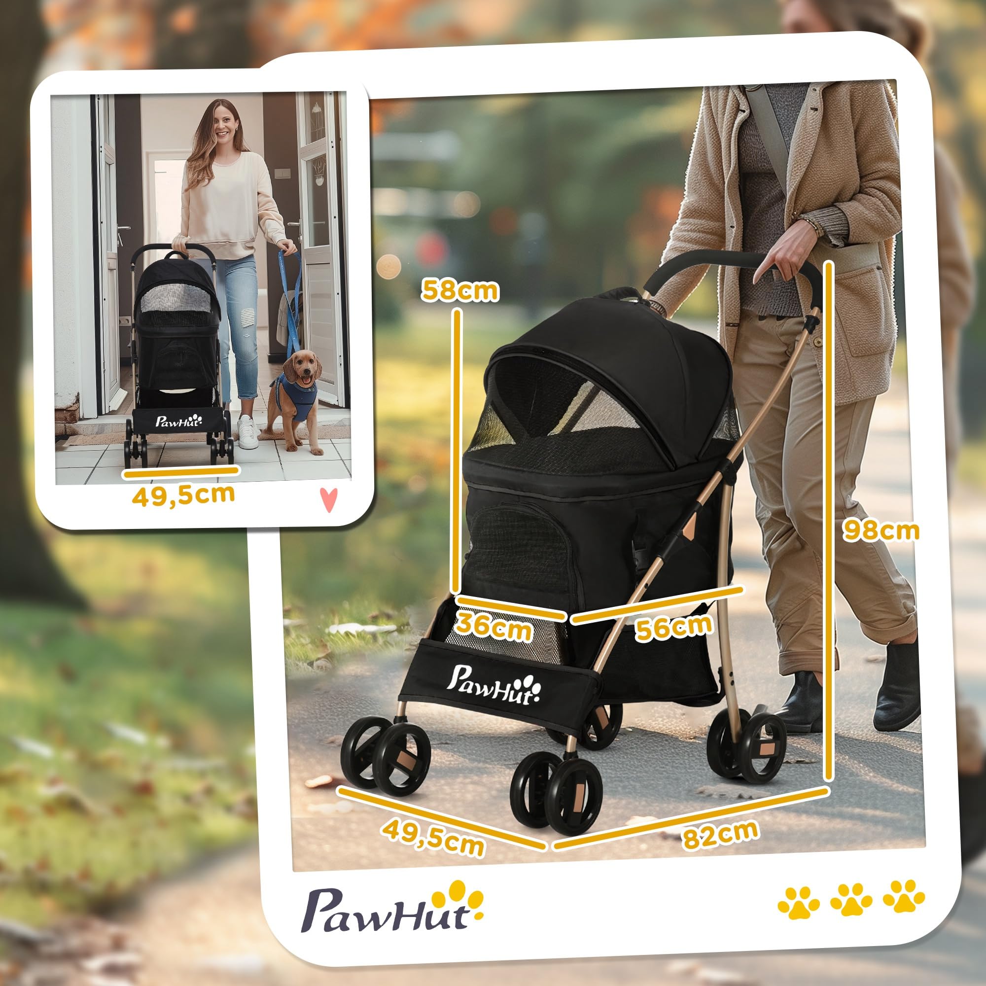 PawHut Carrito para Perros Plegable 3 en 1 Cochecito para Mascotas Carrito para Perros Pequeños con Vagón Desmontable Cesta de Almacenaje Correas de Seguridad y Cojín Carga 15 kg Negro