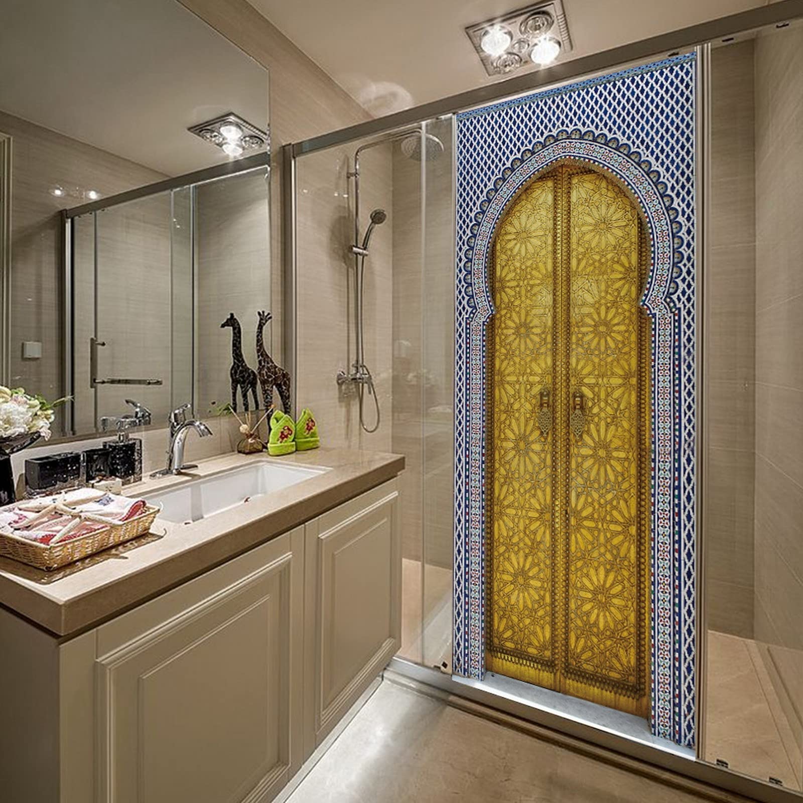 A.Monamour Adesivo Porta Autoadesiva Porta D'Oro Del Palazzo Reale Con Piastrelle A Mosaico A Fez In Marocco Vinile PVC Adesivi per Porte Interne 3D Pellicola Adesiva Poster Sticker Murale Parete