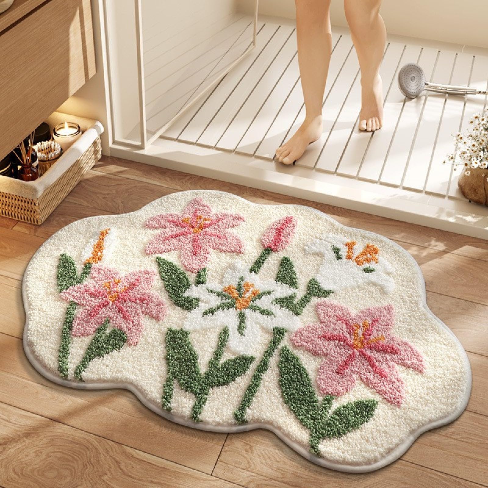 Tapis de bain fleur rose moelleux en microfibre premium