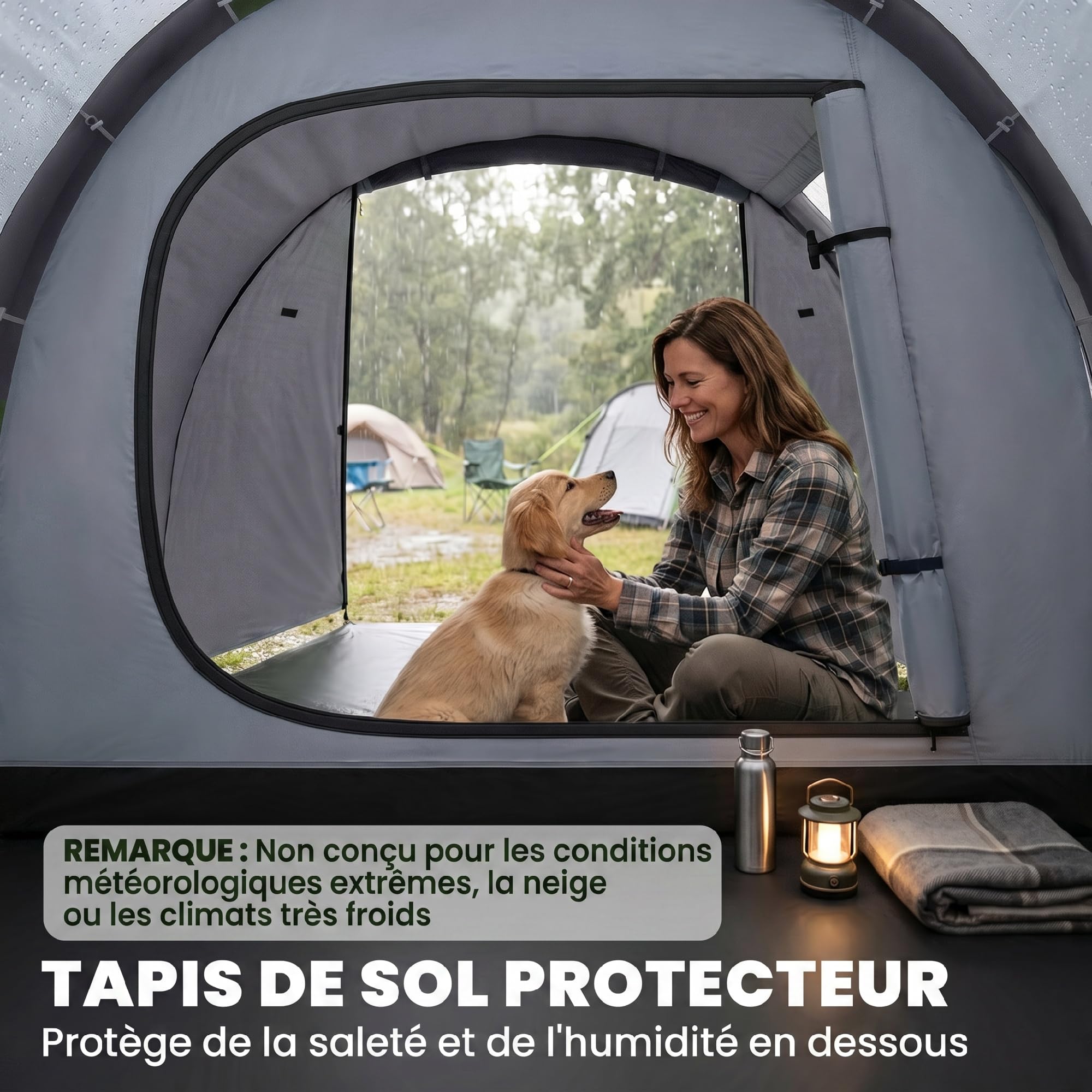 Outsunny Tente de Camping familiale 2 Personnes Tente Tunnel ventilée Facile à Monter Chambre Salon 3 Portes fenêtres 4,26 x 2,06 x 1,54 m Fibre Verre Polyester PE