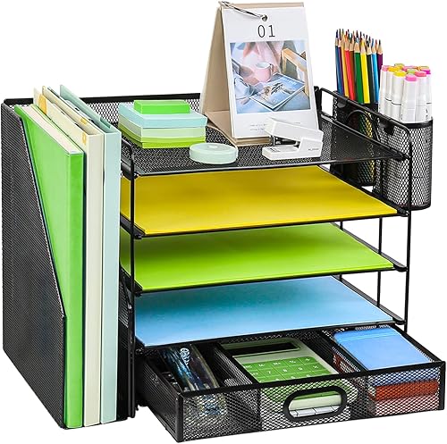 COMFYROOM Organizador de escritorio con soporte para archivos, organizador de bandeja de papel de 5 niveles con cajón y 2 soportes para bolígrafos,