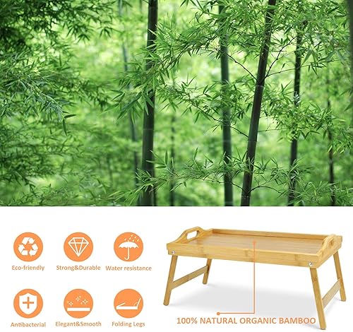 Miniatura 4 de augtarlion Bandejas de desayuno de bambú, bandeja de cama con patas plegables, bandeja de desayuno plegable con asas de carrito, bandeja portátil
