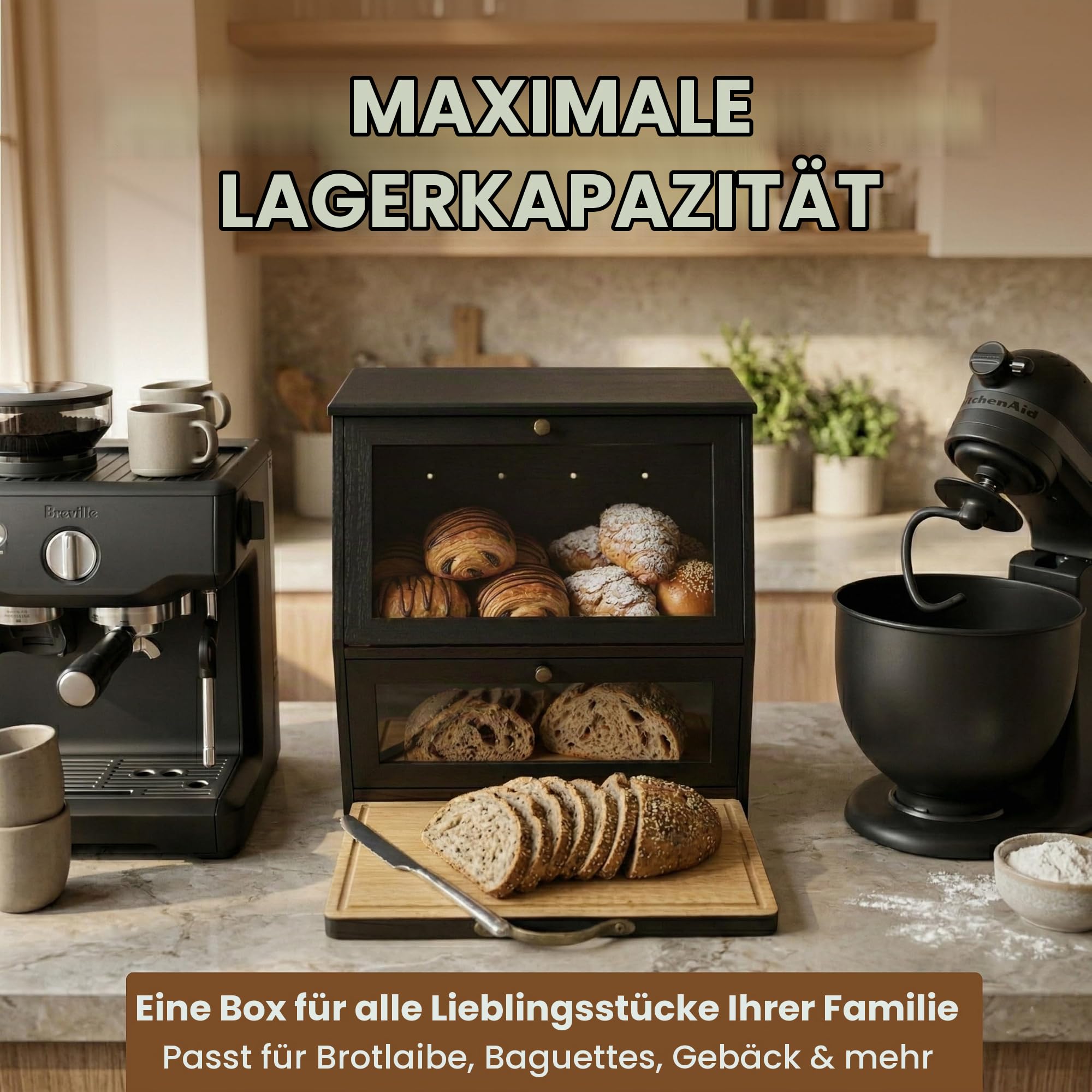 Brotkasten Holz im Vintage Landhaus-Stil – Große Brotaufbewahrungsbox mit 2 Etagen & Integriertem Schneidebrett – XXL Brotaufbewahrung Schwarz aus Bambus – Traditioneller Brotbehälter Frischhaltend