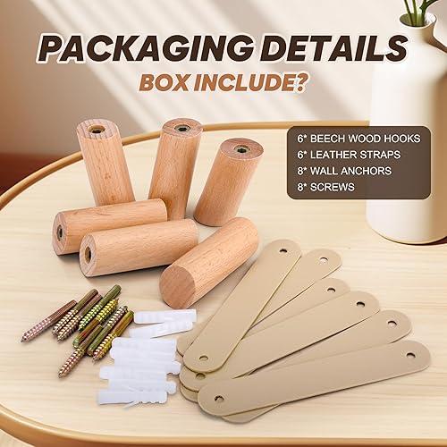 Miniatura 4 de Paquete de 6 ganchos de pared de madera, ganchos de madera para colgar abrigos de pared, ganchos resistentes para sombreros y batas, perchas