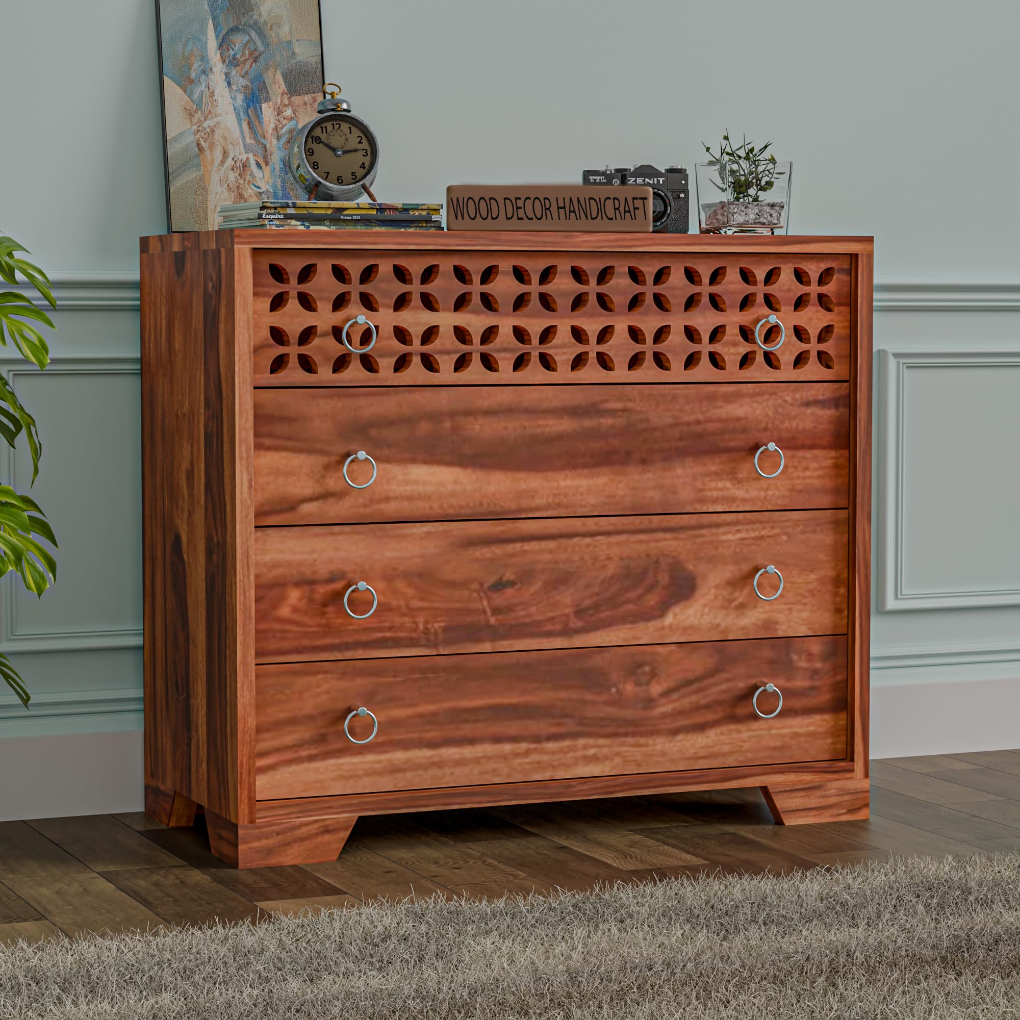 Handcrafted Sheesham Wood Dressers Chests of 4 Drawers | Kitchen Crockery Cabinet Unit | Sideboard Storage Cabinets | Bedroom Furniture | Wooden Chests of Drawers (Honey Finish)
