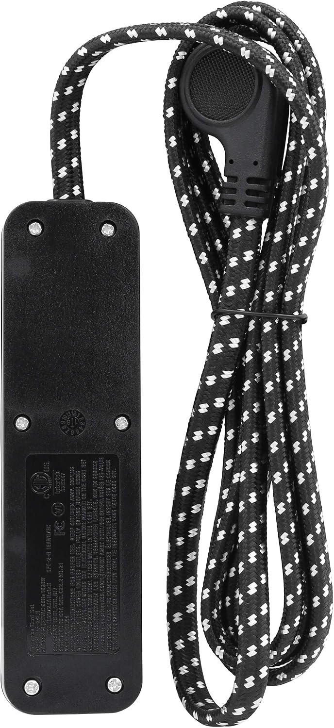 Clear Power 6 ft 2 Outlet + USB Charger Designer Fabric Indoor Flat Plug Extension Cord 16/3 SPT-2, 3 Prong Grounded Plug (Black), CP10054