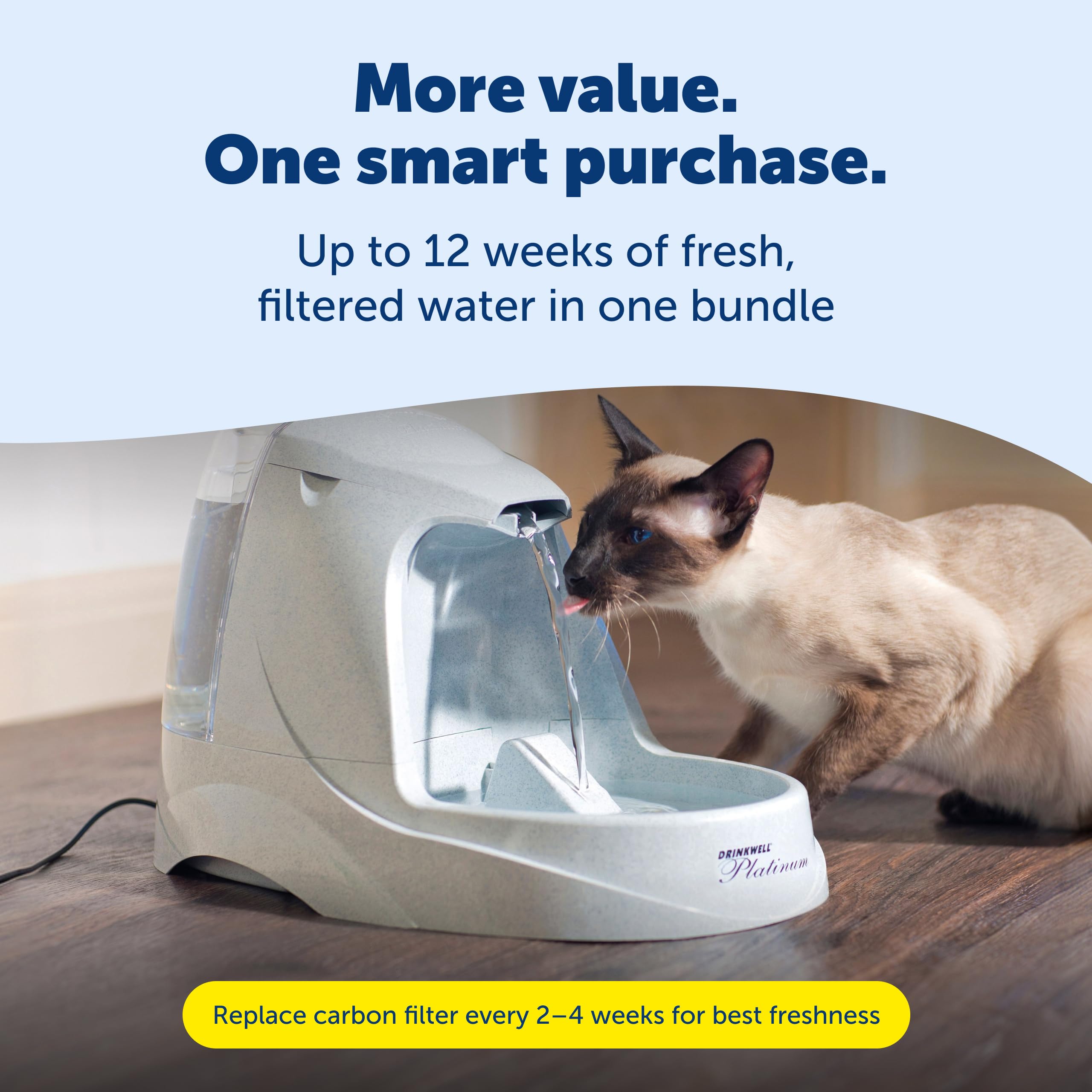 PetSafe Drinkwell Platinum - Fuente de Agua para Gatos – Fuente para Mascotas para Todos los tamaños de Mascotas, fomenta más Beber, Incluye 3 filtros de Carbono de Repuesto adicionales, Uso en