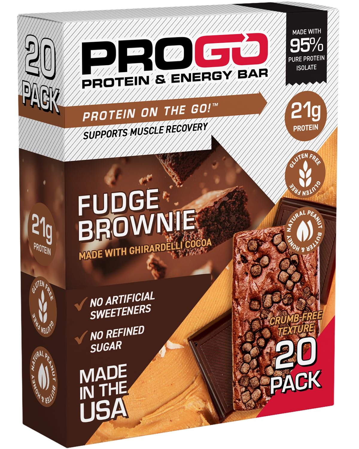 ProGo Protein Bars, Low Sugar, High Protein (21g) - 95% Pure Isolate for Faster Muscle Growth, Collagen for Recovery, Low Calorie, Sweetened w/Peanut Butter & Honey (20-Count, Fudge Brownie)(( Best By/02/2027))