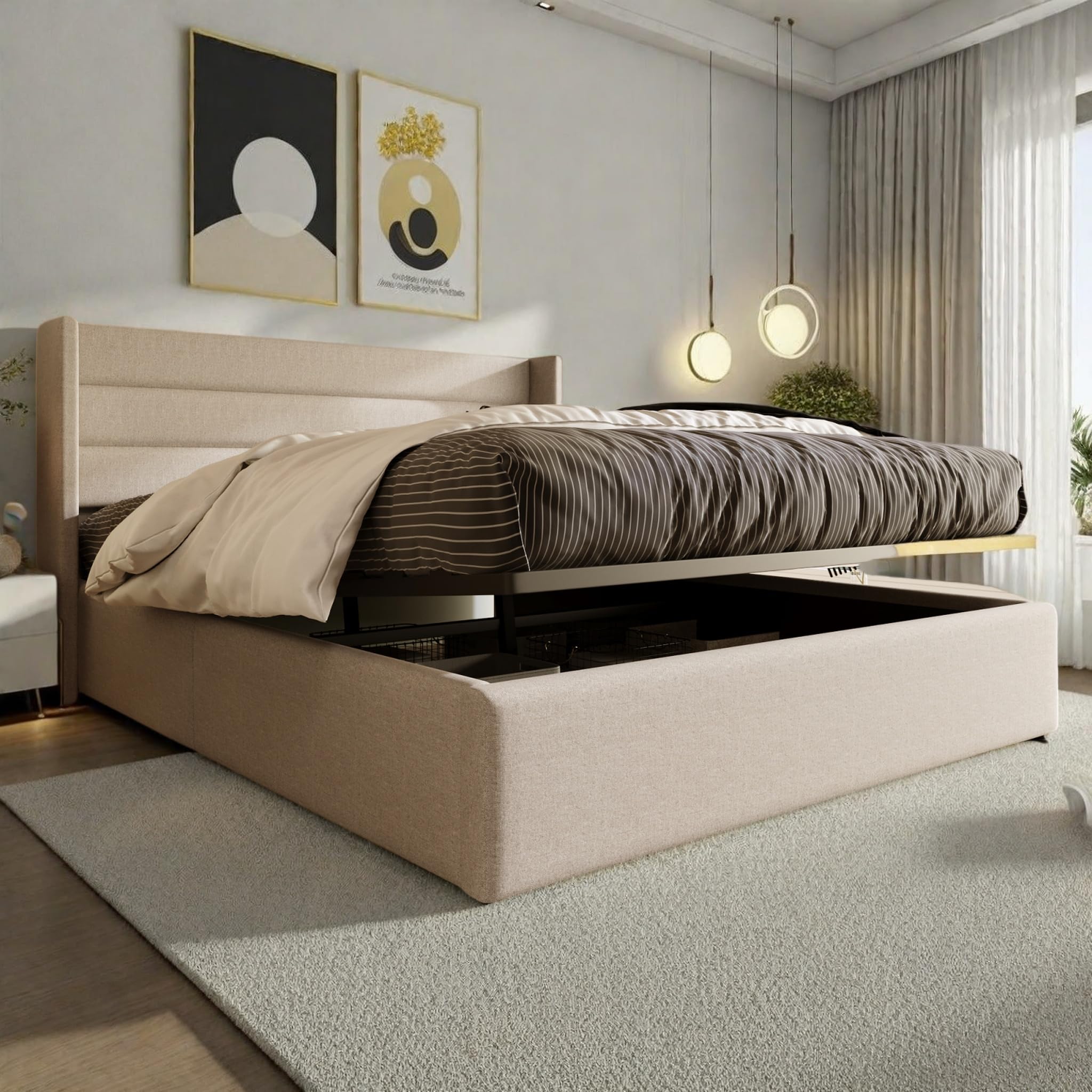 FEEOHOME Lit Double Rembourré 160 x 200 cm, lit 2 Places avec Cadre de lit et Espace de Stockage, Lits Coffre sommier à Lattes pour Adulte Adolescent, Lin Beige