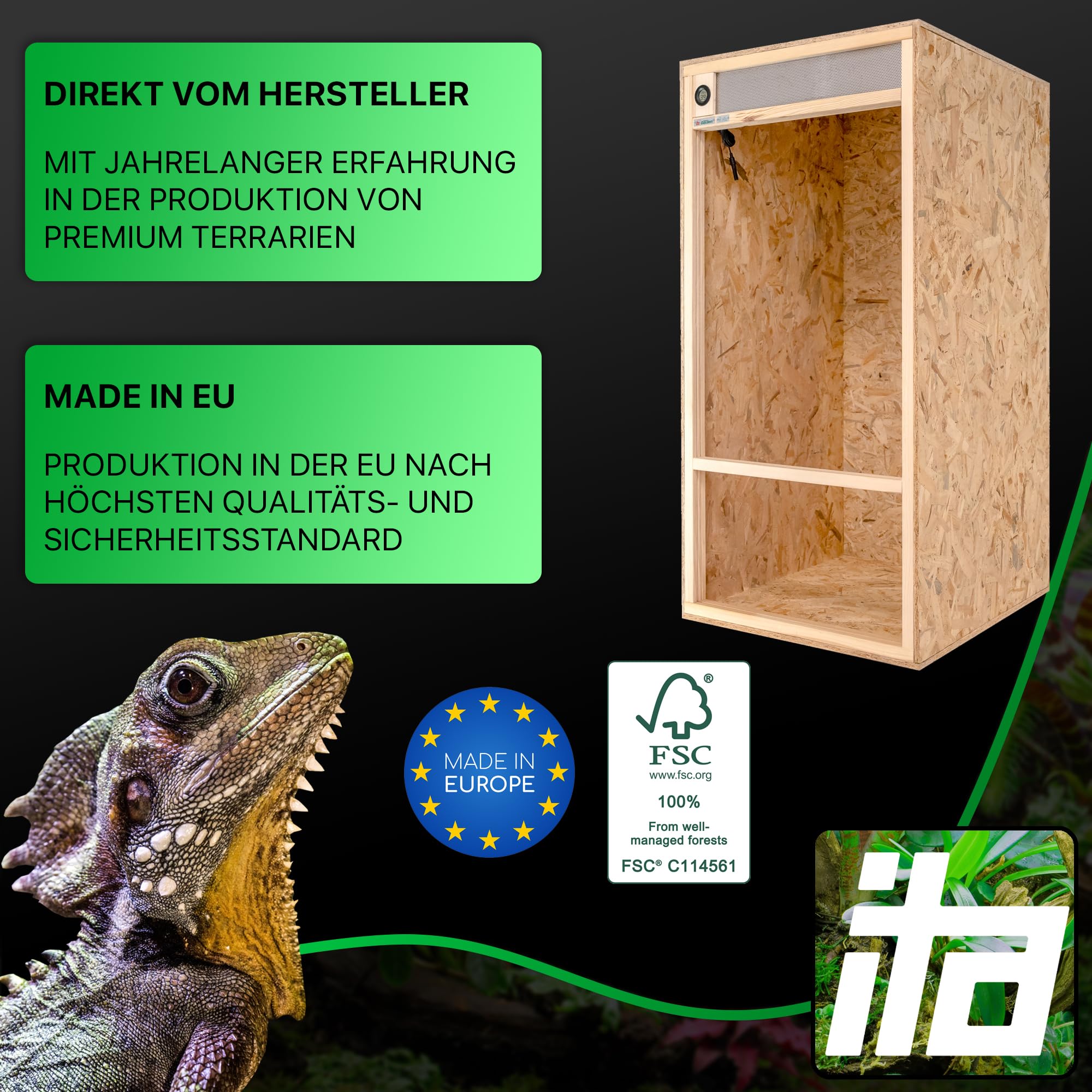 ITA Hochterrarium 60x120x60 cm mit Frontbelüftung & Integriertem Hygrometer - Holz Terrarium aus OSB-3 Platten - Terrarien für Reptilien, Schlangen, Amphibien - EU Produkt, FSC Zertifiziert