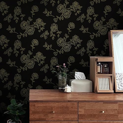 Miniatura 2 de Yun-aeon Papel tapiz floral dorado y negro de 17.3 x 480 pulgadas, moderno papel de contacto geométrico extraíble, papel tapiz autoadhesivo para