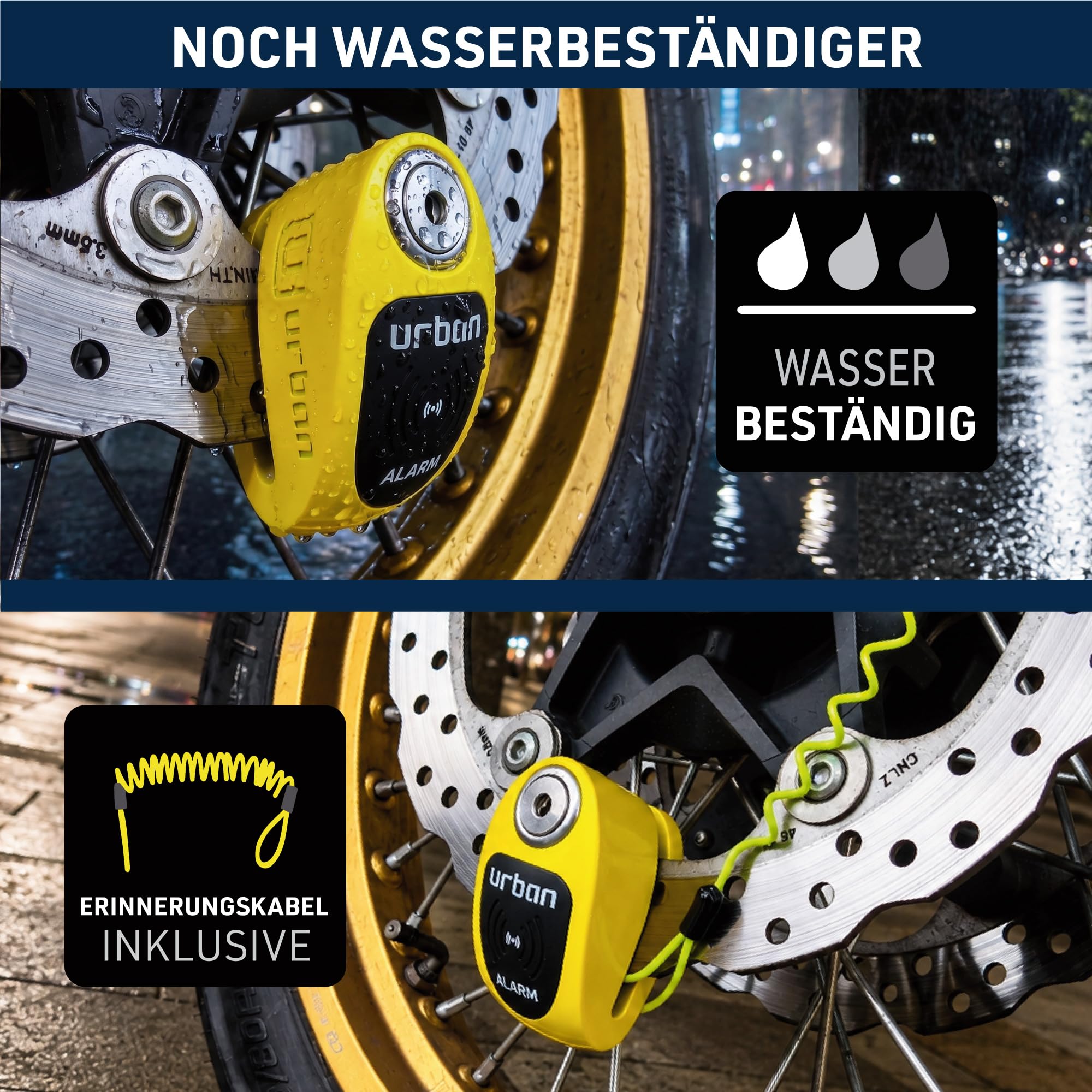 URBAN UR910Y Bremsscheibenschloss mit Alarm 120dB ON/OFF, Gelb+Schwarz Edelstahl lackiert +Abschreckend, SRA & Sold Secure Gold Zertifiziert, Doppelverriegelung Ø10 mm, Motorrad Schloss für Scooter