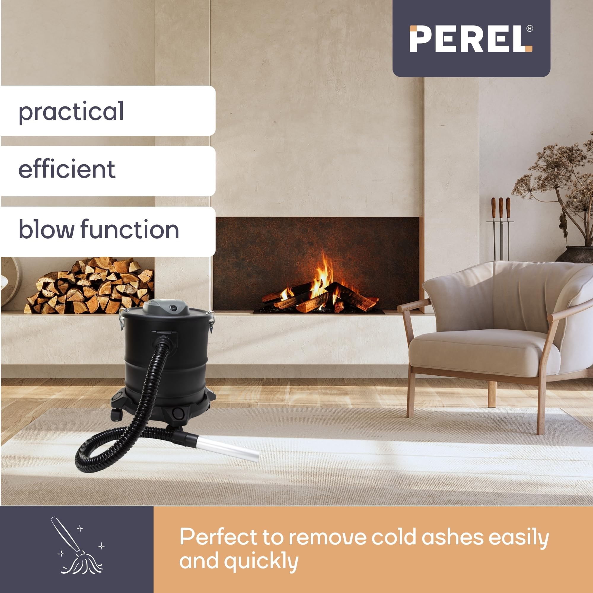 Perel Aspiracenere 1200 W, 20 L, filtro HEPA, funzione soffiante, base con ruote, per cenere fredda, camino, stufa, barbecue