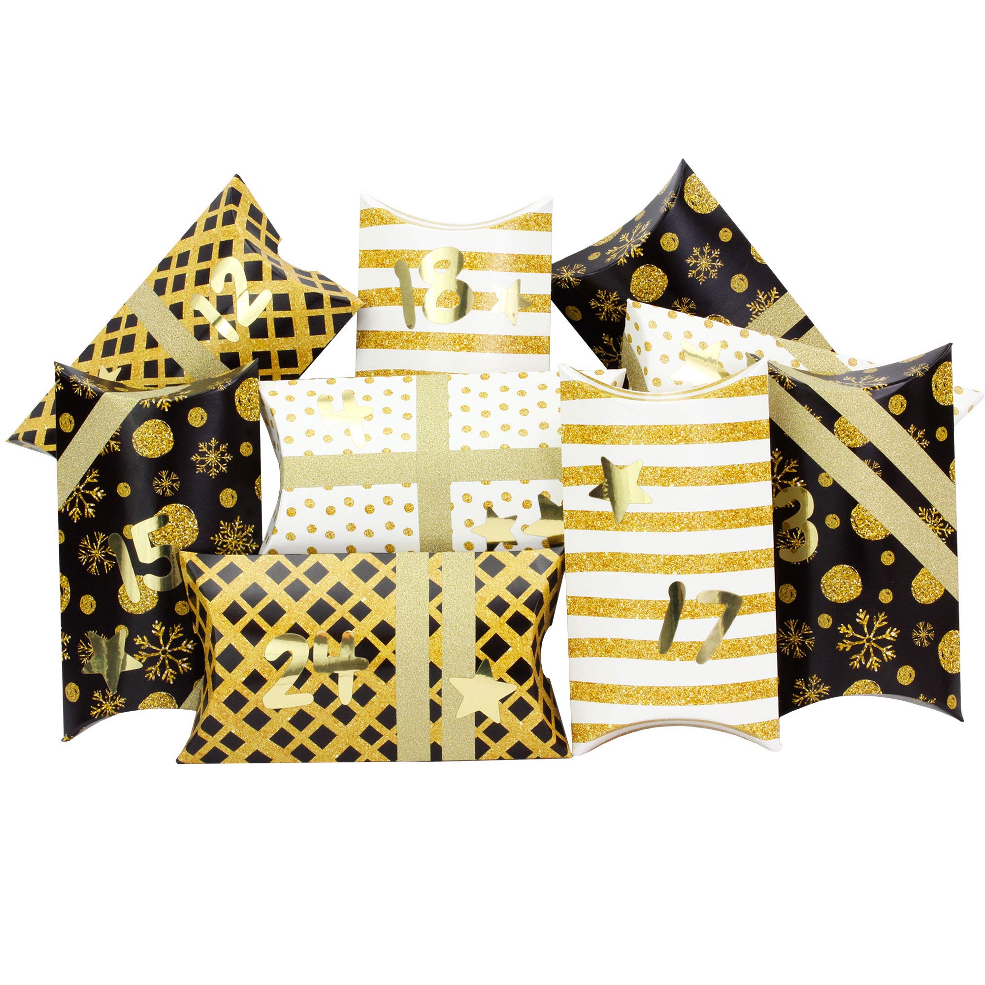 Papierdrachen 24 x Pillowbox Advent Calendar Boxes with Washitape and Gold Number Stickers, 24 Pillow Shaped Cardboard Boxes