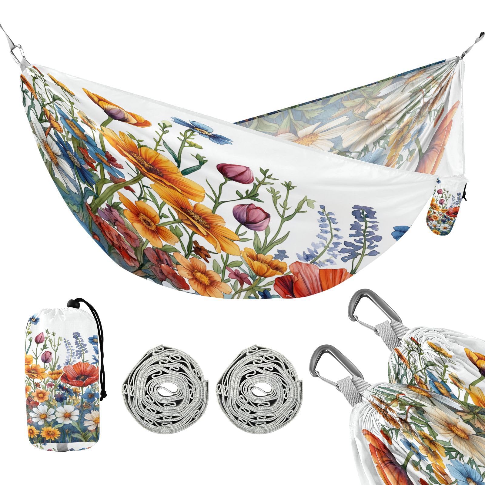ATTX Watercolor Garden Flowers Camping Hammock - Lightweight & Portable Hammocks, Heavy Duty 330lbs Capacity for Indoor, Hiking, Backpacking, Travel, Backyard, Beach#48