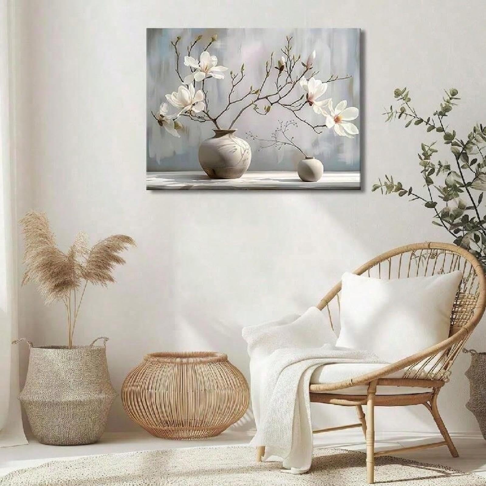 Zhadongli Art With Frame Zen Flowers Canvas Wall Art Magnolia In Ceramic Vase Wall Decor Pictures Vintage Farmhouse Floral Prints Canvas Poster 50X70cm(20X28in) Withframe