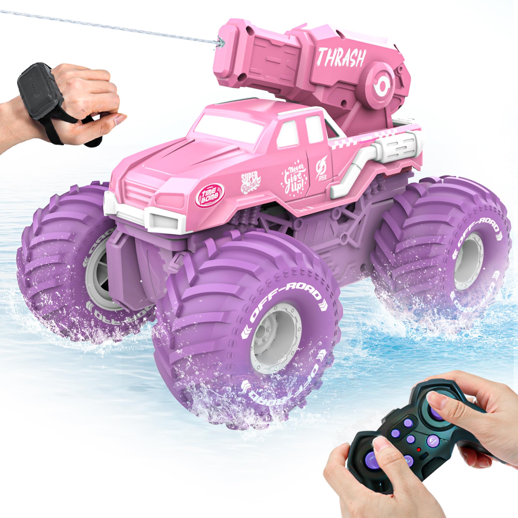 BEZGAR Amphibious Remote Control Car for Girls - Pink Monster Truck Toys 1 16 RC Boats 2 4GHz