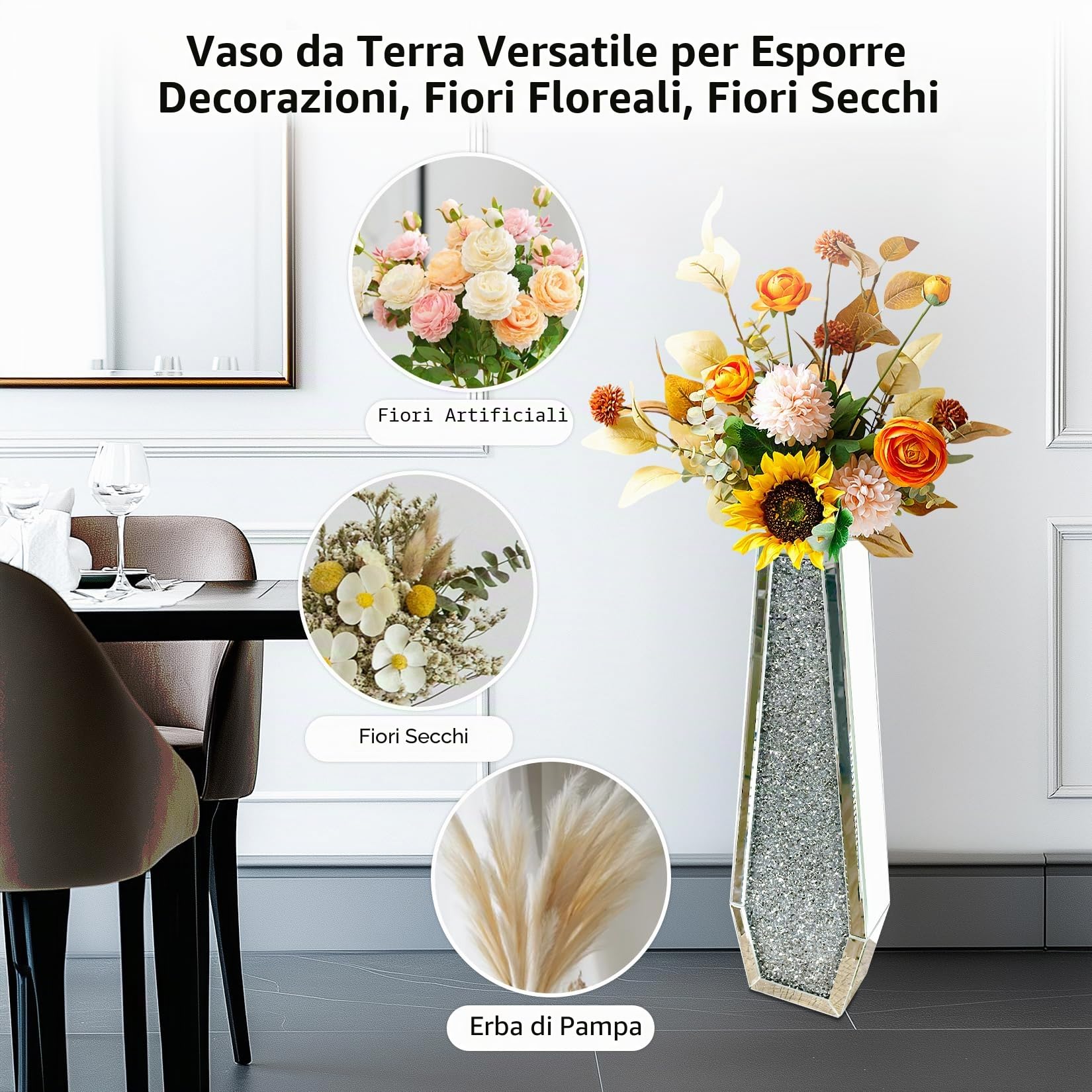 Vaso Vetro Diamanti Alto 70cm: Vaso Decorativo da interno Grande a Specchio fiori Cristallo Argento Stretto e Lungo da Terra Moderno Design Decorazione casa