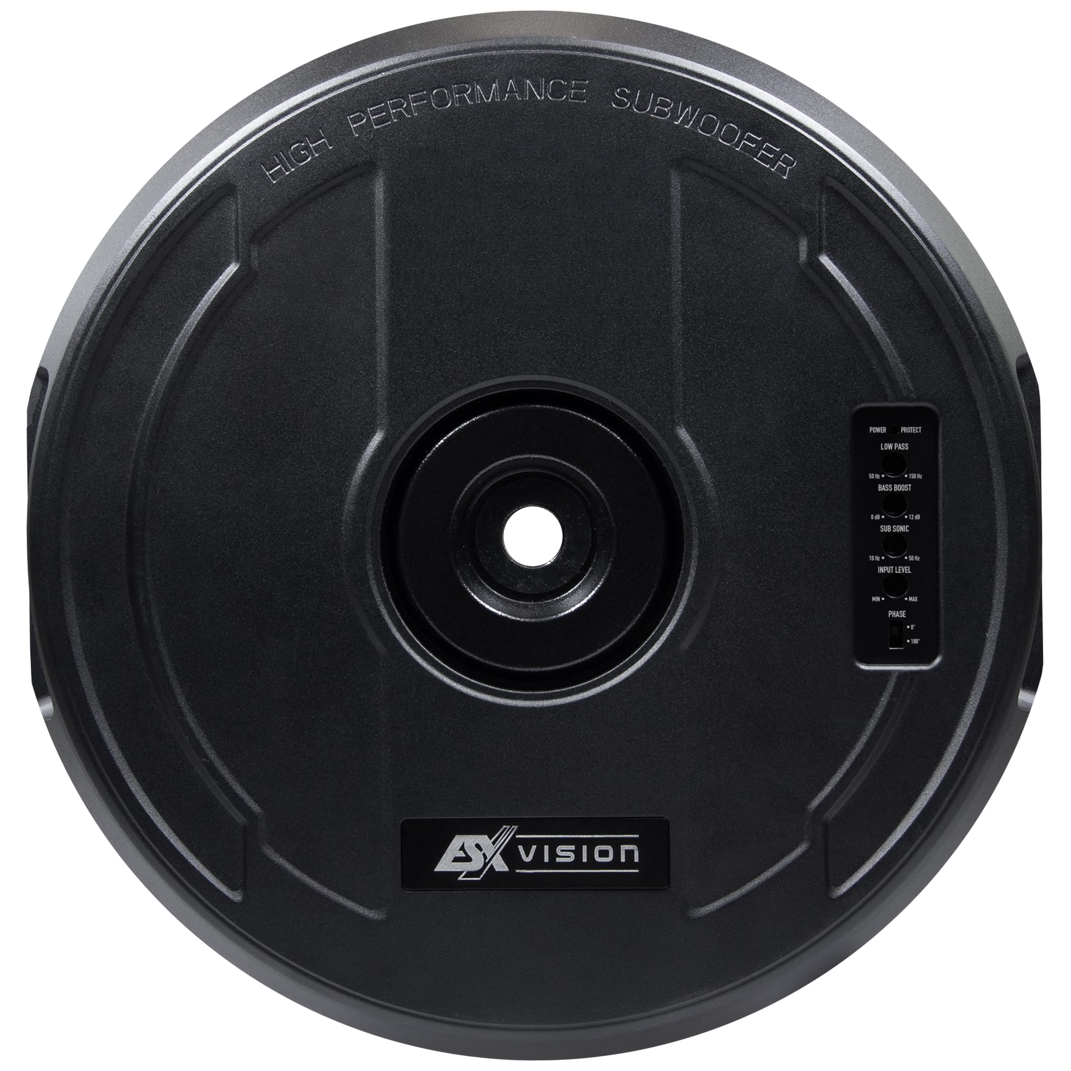 ESX V1100Av2-28 cm (11") Basse active pour roue de secours avec boîtier en aluminium massif | Puissance de classe A/B avec 300 W et télécommande filaire compacte