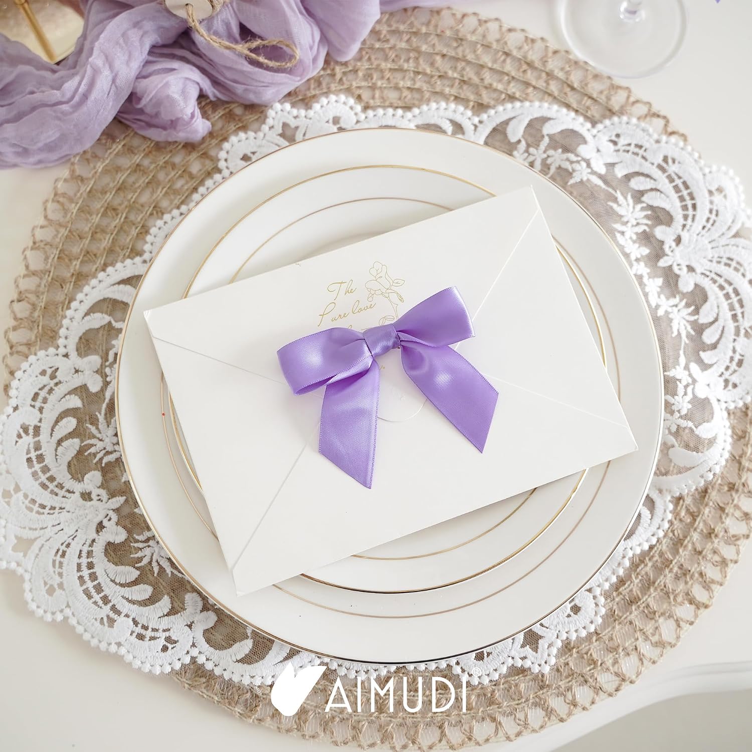 AIMUDI Lavender Satin Ribbon 3.5" Light Purple Pretied Twist Tie Bows Treat Bags Cake Pops Gift Wrapping Basket Wedding Favors Cookie Candy Bagging Baby Shower Favors - 50 Counts image 5
