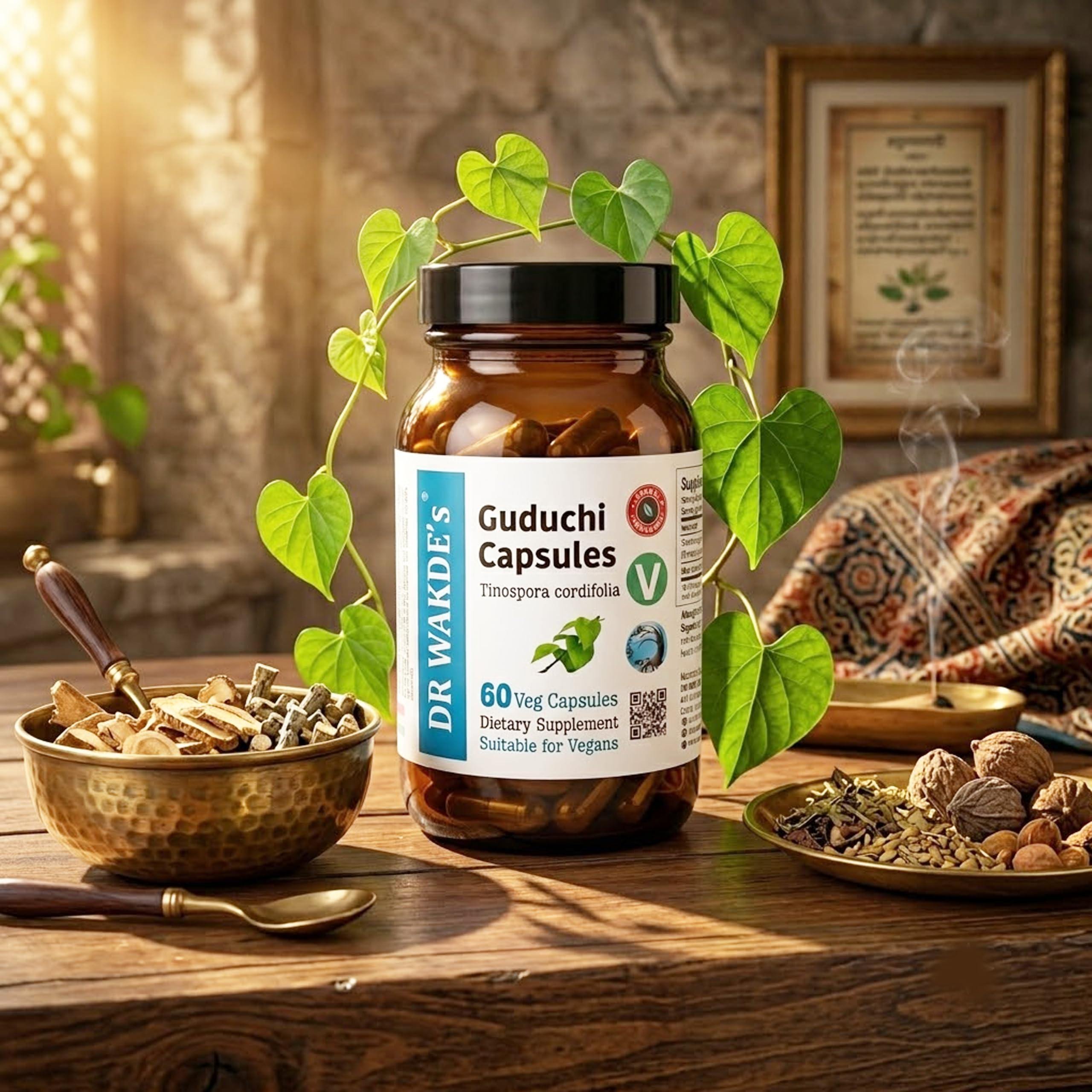 DR WAKDE'S Guduchi Kapseln – Giloy (Tinospora cordifolia) 500 mg | 60 Vegane Kapseln | Immunsystem & Wohlbefinden | 100% Reines Ayurvedisches Kräuterpulver | Ohne Zusatzstoffe | Vegan & Vegetarisch