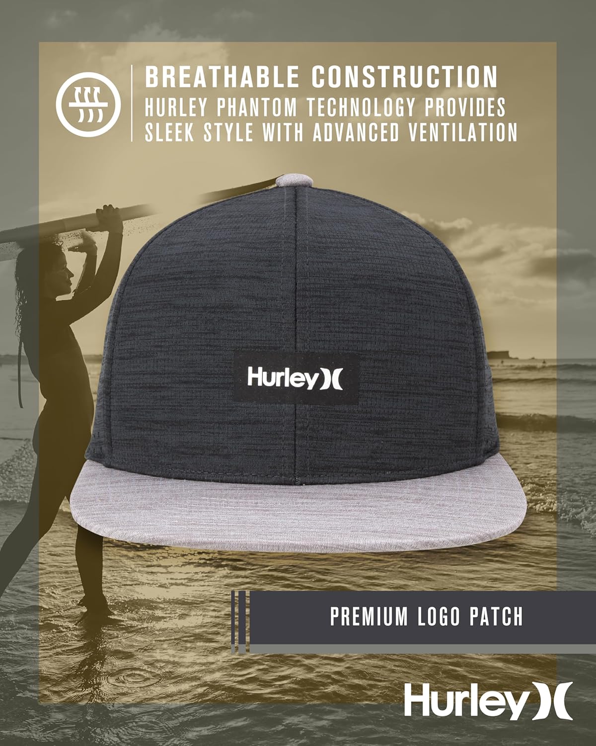 Hurley Men's Baseball Cap - Lightweight H20 Dri Dock Flat Brim Ball Caps for Men with Adjustable Snap Back Closure