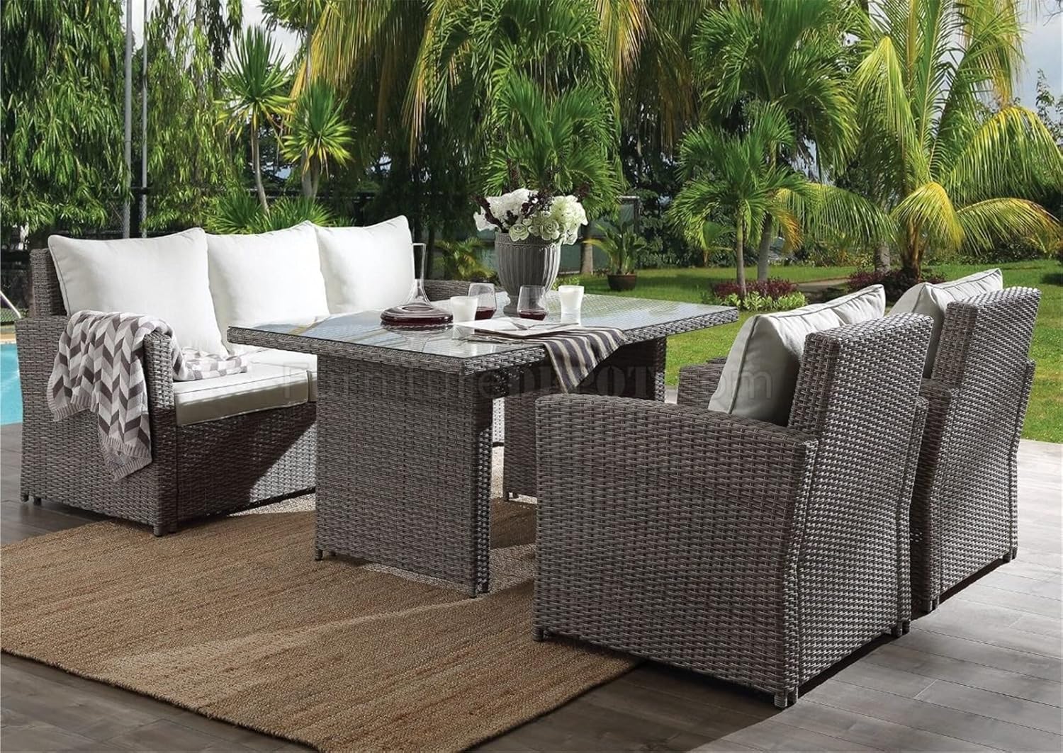 4 Piece Small Patio Dining Set, Outdoor Space Saving PE Wicker Dining Patio Furniture Conversation Set w/Glass Patio Dining Table & Cushioned Rattan Chairs for Lawn Garden Backyard (Blue) (Blue)
