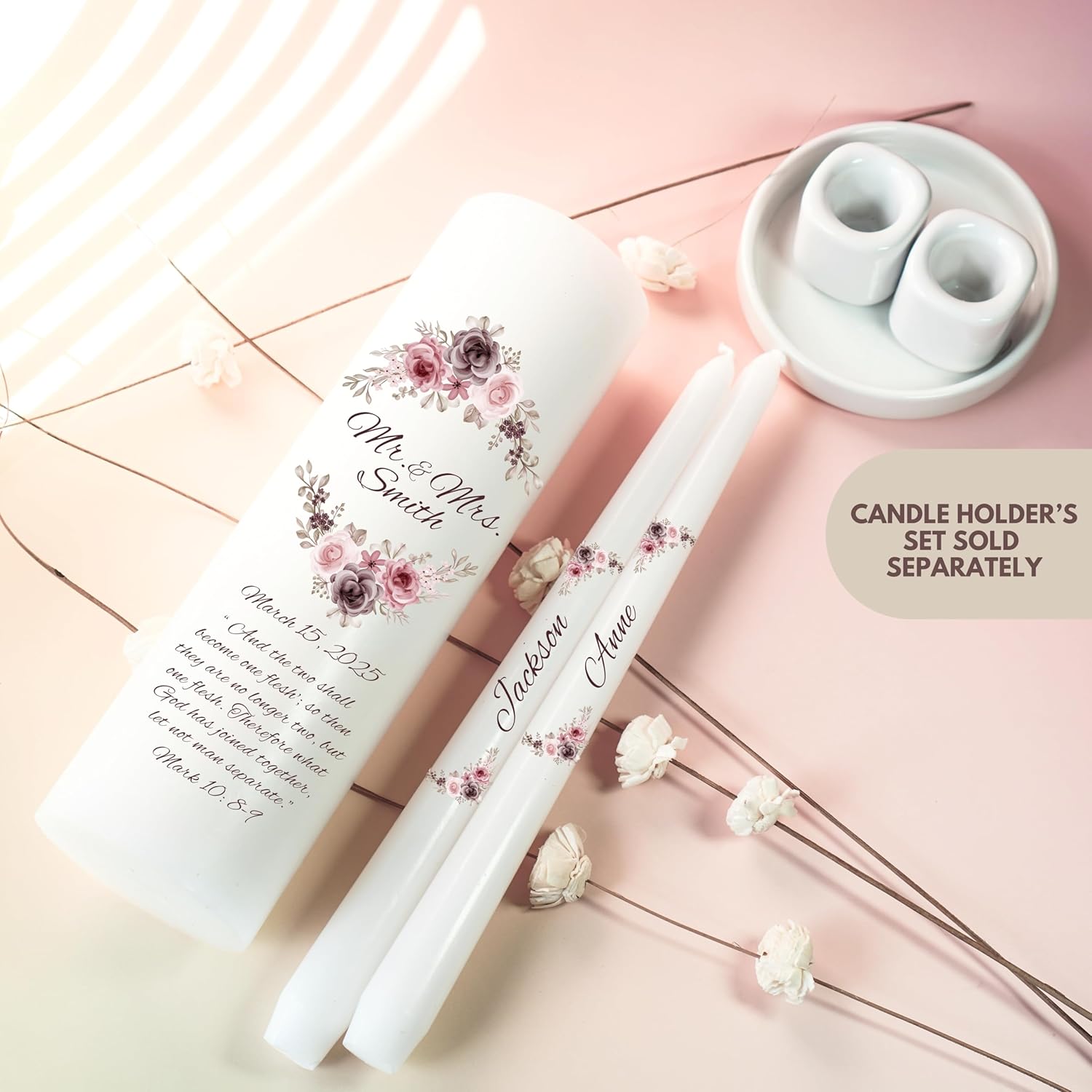 Unity Candles for Wedding, Mr and Mrs Modern Unity Set, Custom and Personalized Pillar and Taper Candles with Bible Quote, Unscented White Premium Wax, Religious and Wedding Ceremony, Special Events