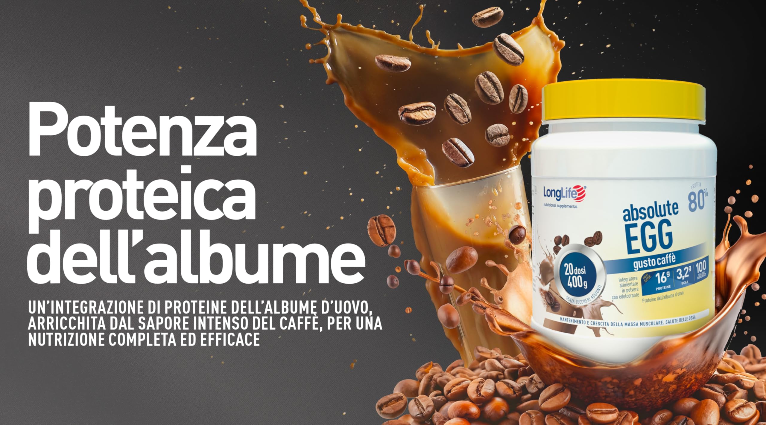 LongLife® Absolute Egg caffè | Proteine dell’albume d’uovo 80% | Crescita e mantenimento della massa muscolare | Benessere delle ossa | Polvere gusto caffè | 20 dosi | Vegetariano e senza glutine